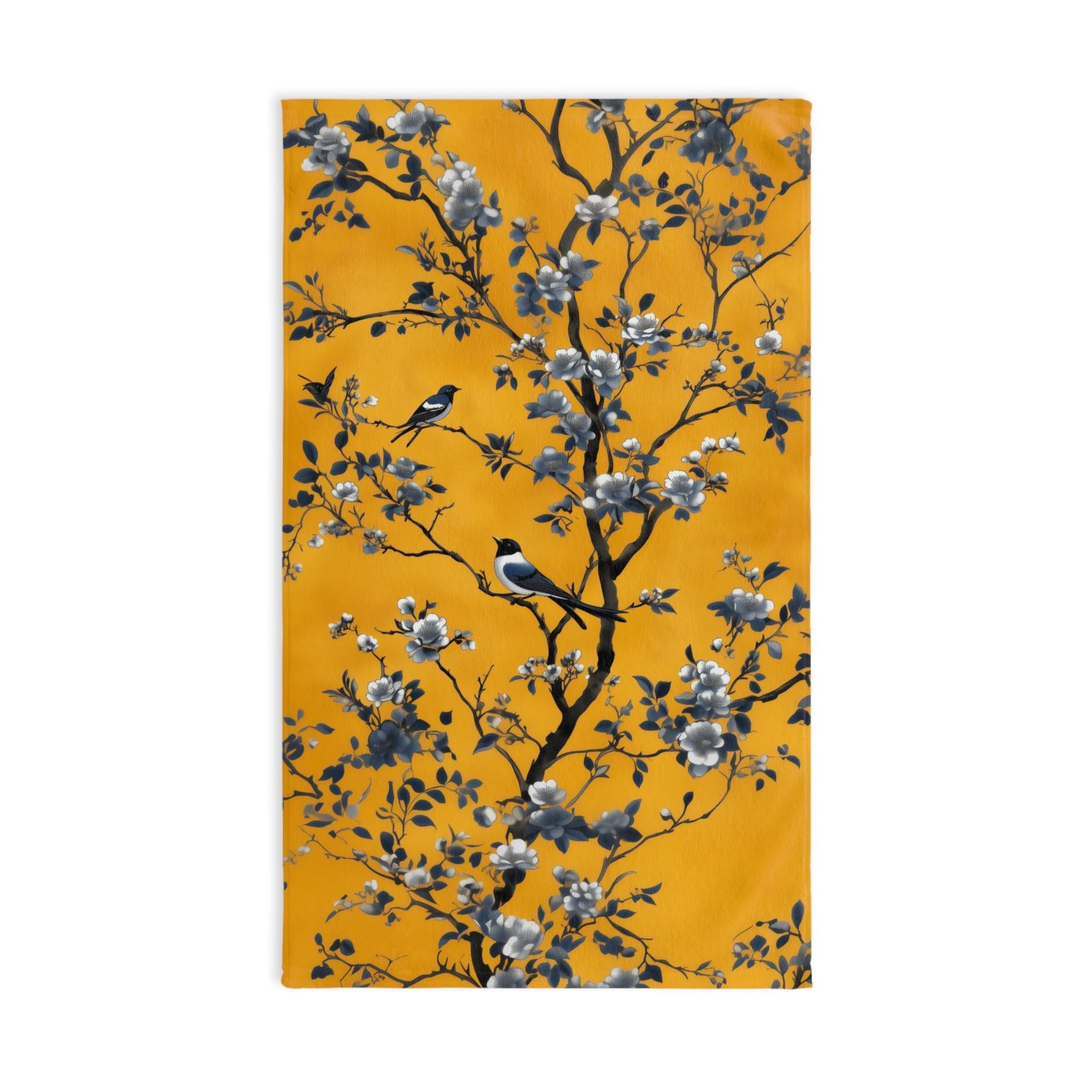 Chinoiserie Blue Birds Hand Towel: Golden Yellow Floral Botanical Bathroom Accent Asian Inspired