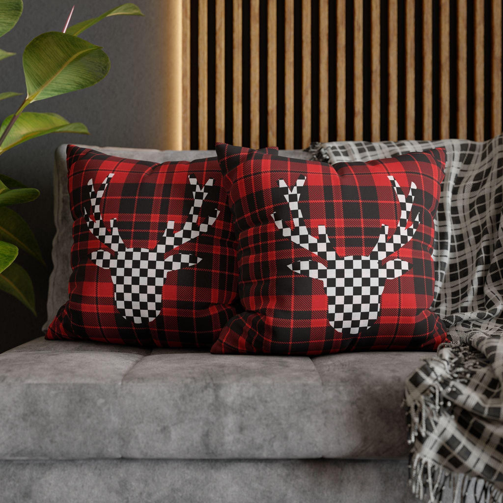 Plaid & Checker Stag Pillow Cover: Modern Rustic Christmas Accent