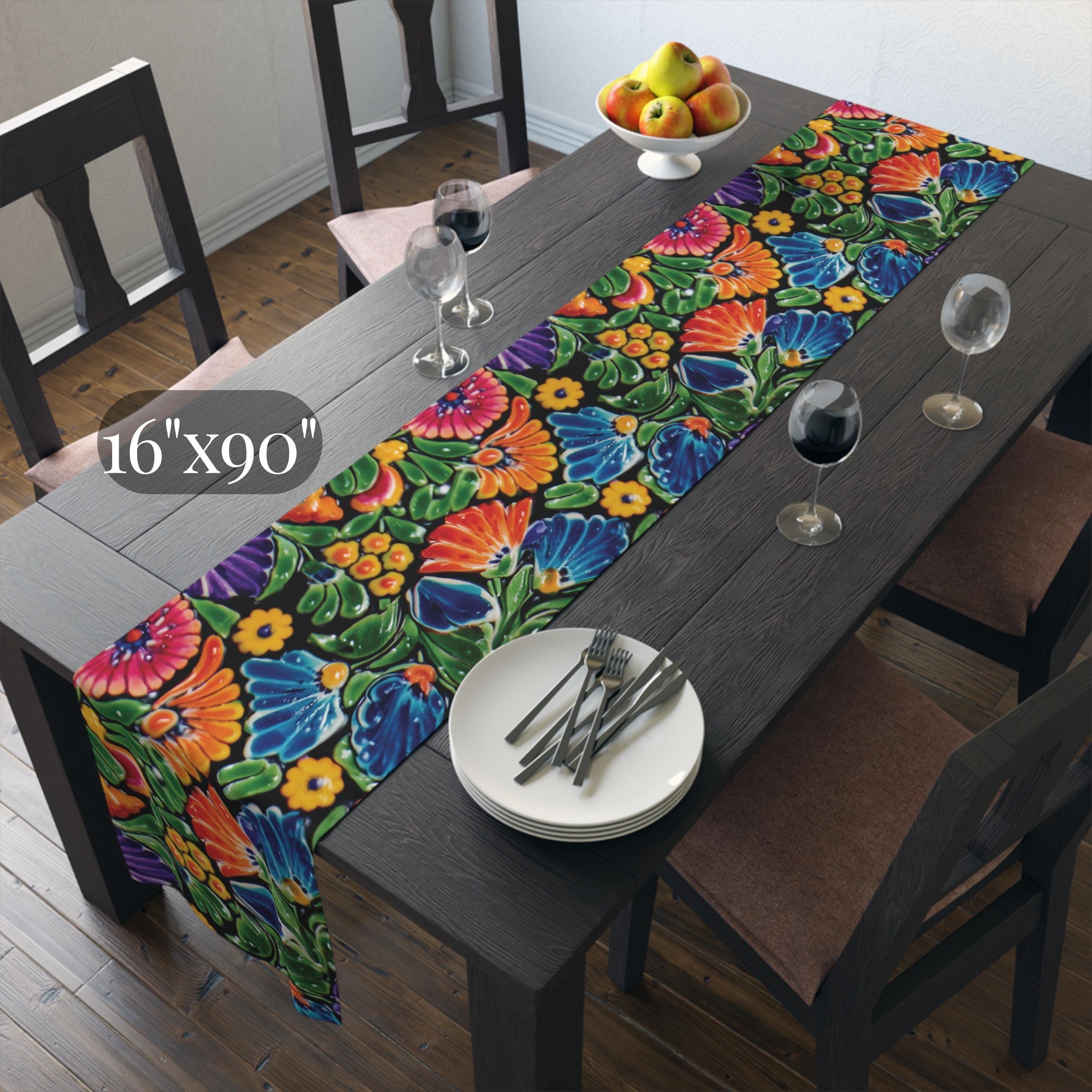 Mexican Table Runner: Bright Floral Folk Art on Black Background