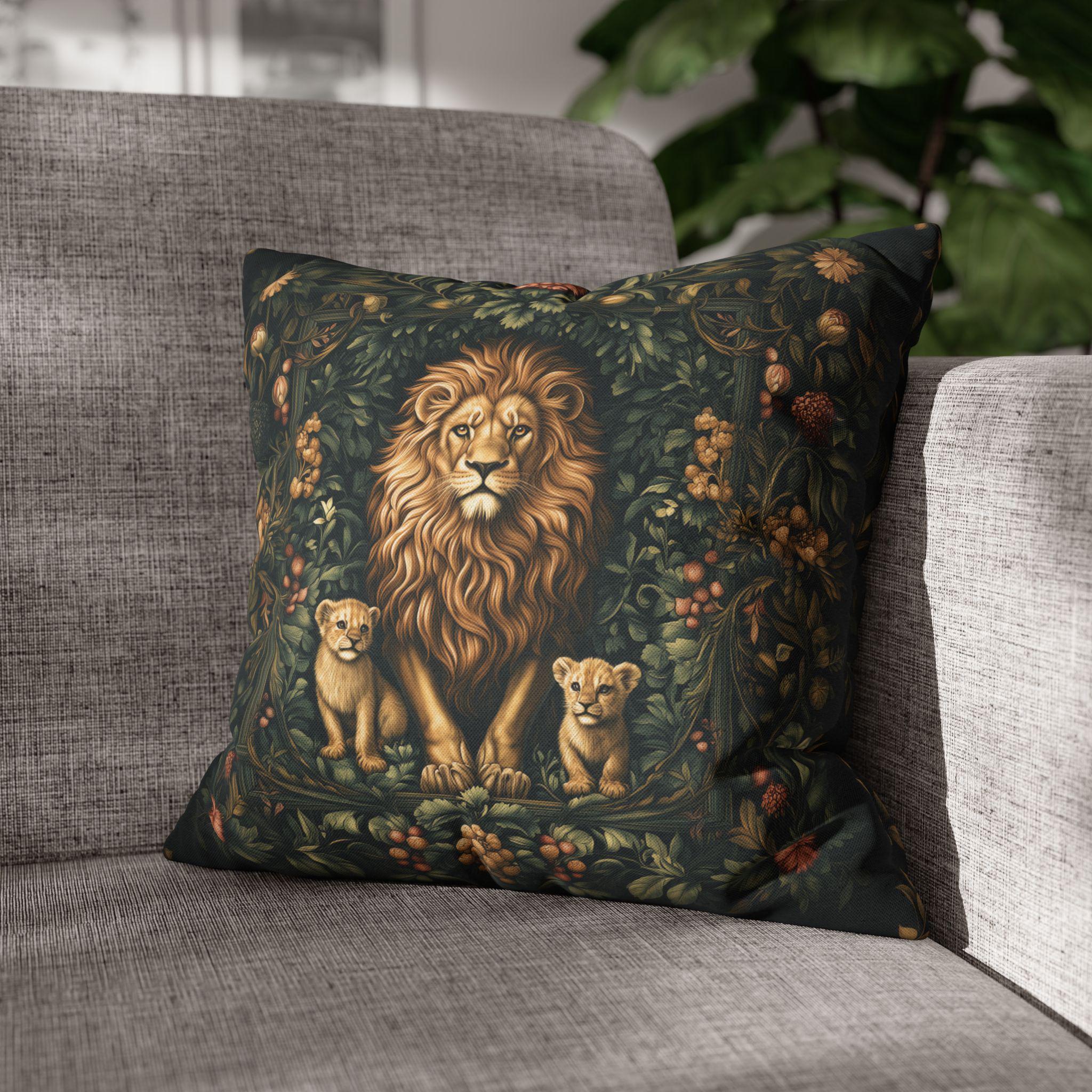 Regal Lion Pillow Cover: William Morris Inspired Botanical Cushion with Jungle Motif