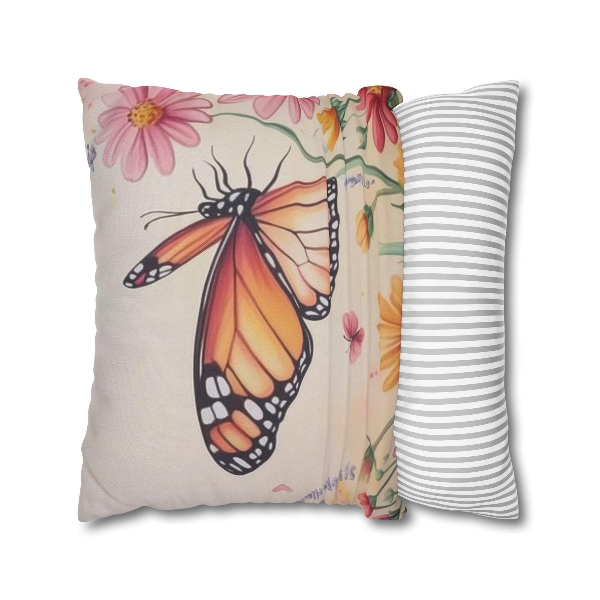 Monarch Butterfly Pillow Cover: Colorful Wildflower Garden on Soft Peach Background