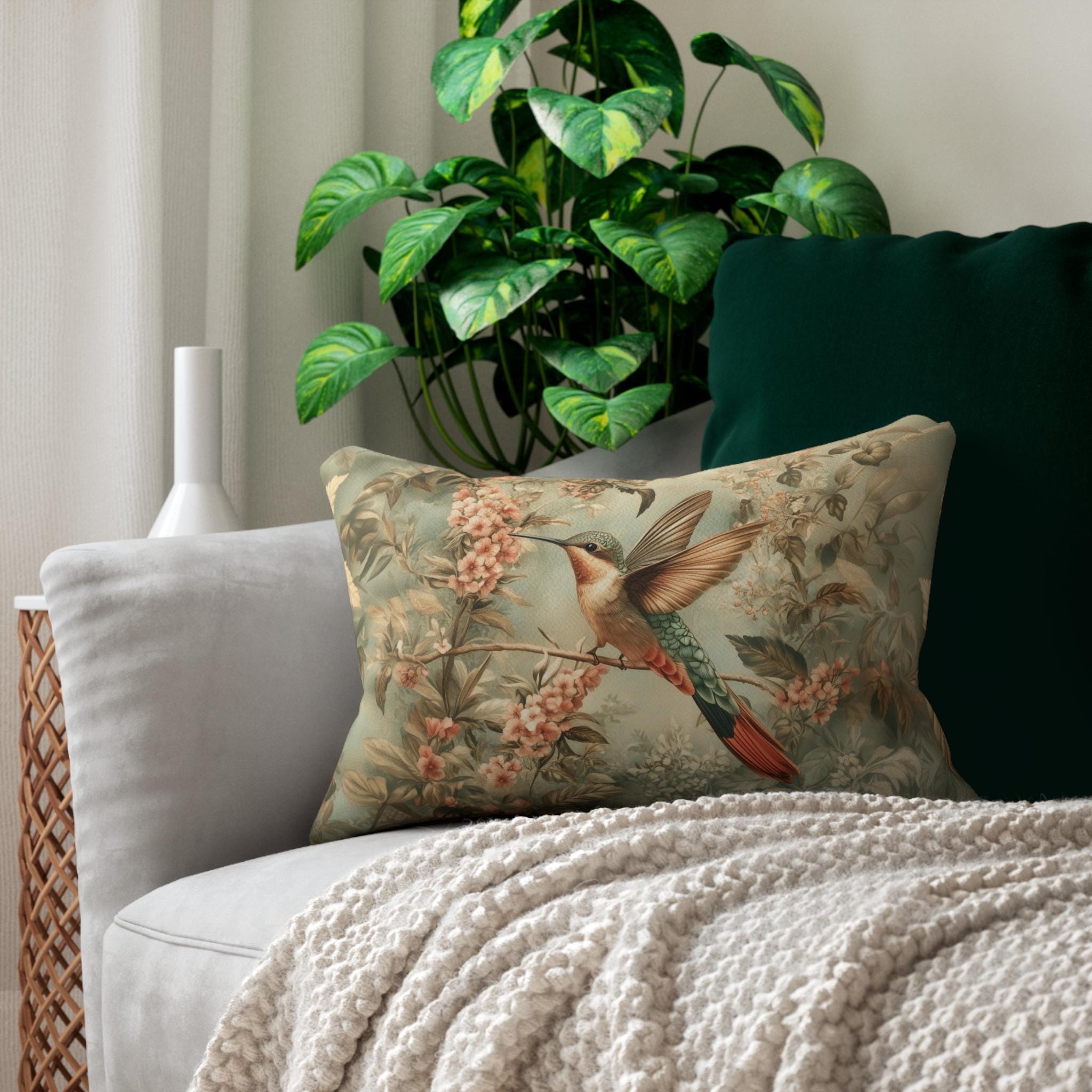 William Morris Botanical  Lumbar Pillow: Sage Blush Teal Hummingbird Arts & Crafts Accent