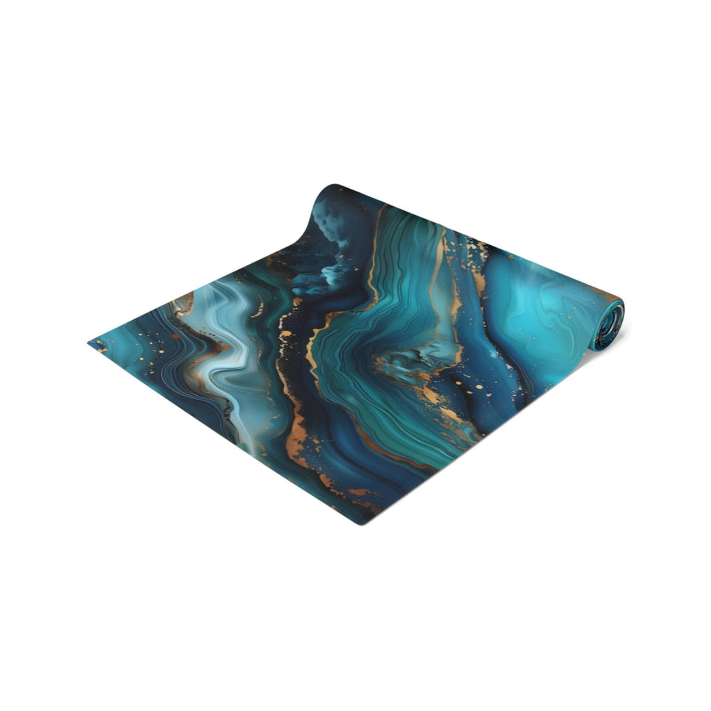 Elegant Ocean Wave Table Runner: Teal, Blue & Gold Accents for Sophisticated Dining Decor