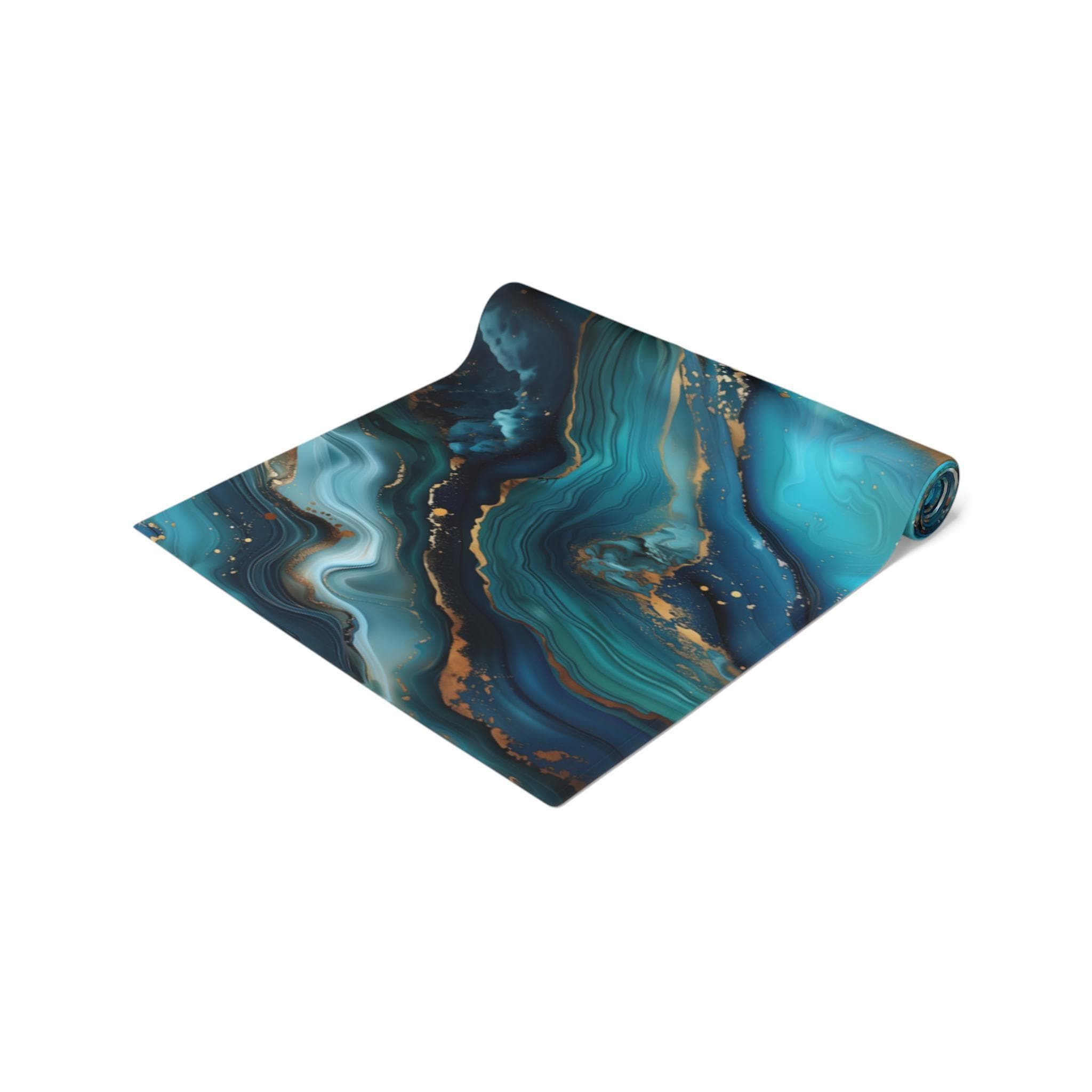 Elegant Ocean Wave Table Runner: Teal, Blue & Gold Accents for Sophisticated Dining Decor
