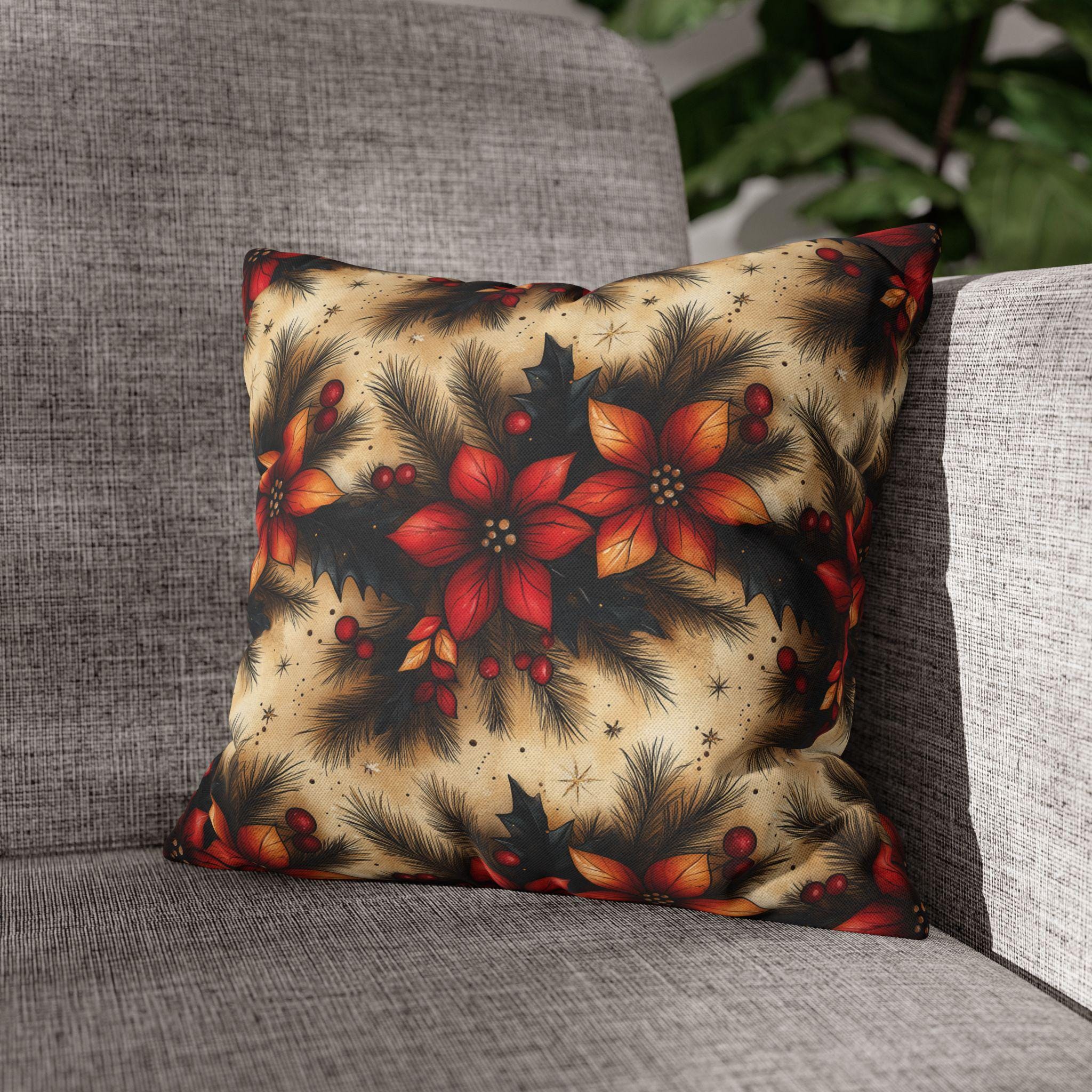 Christmas Poinsettia Pillowcase, Traditional Red and Green  Holiday Festive Home Decor Pillow Cover