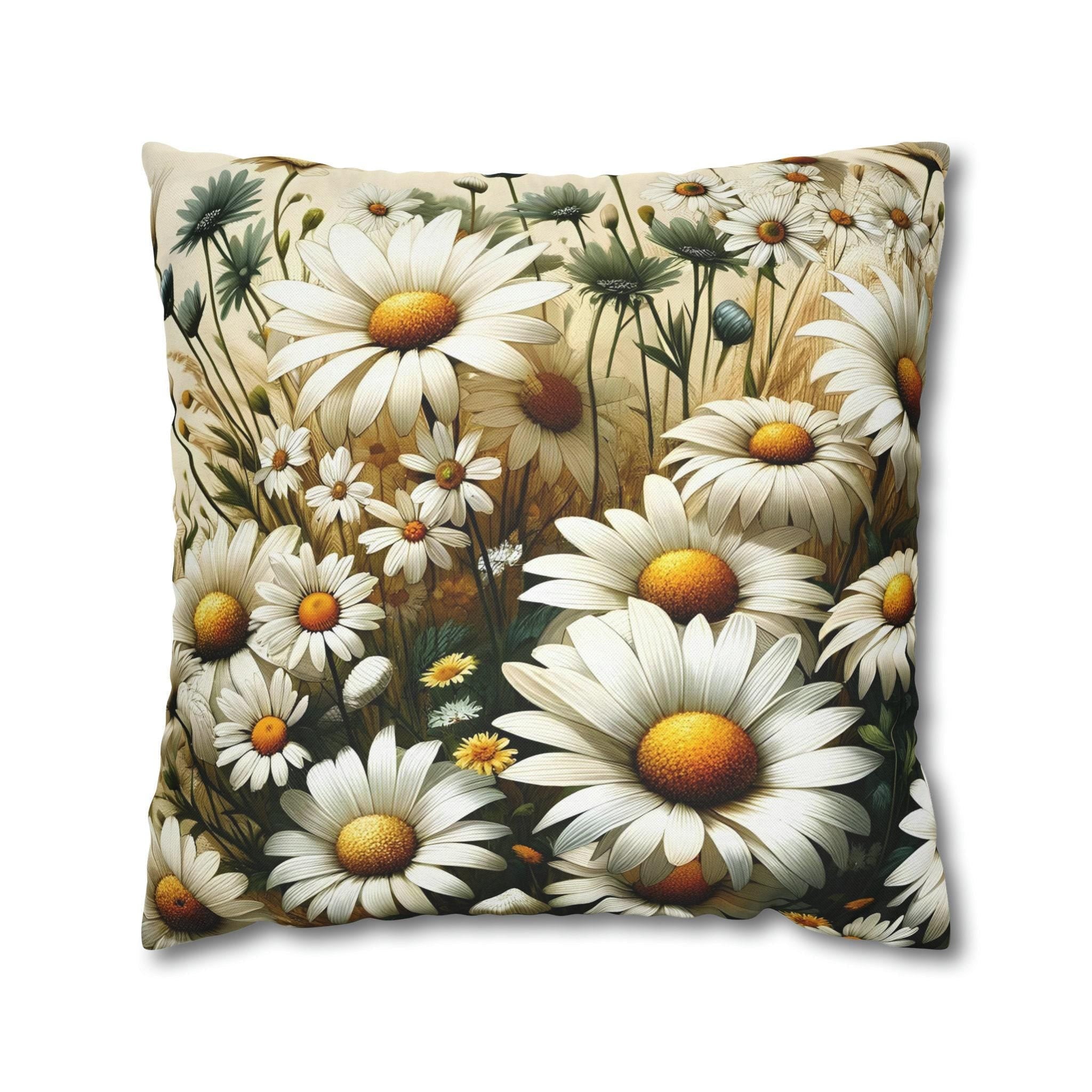 Vibrant Daisy Pattern Throw Pillow Cover | Organic Warmth on Cream Background | Charming Floral Design