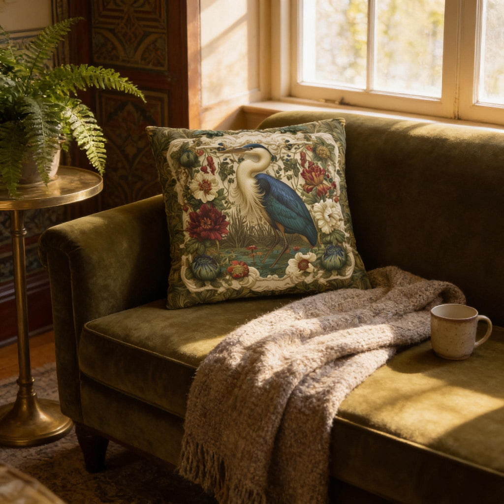 William Morris Style Heron Pillow Cover: Botanical Marsh Floral Art