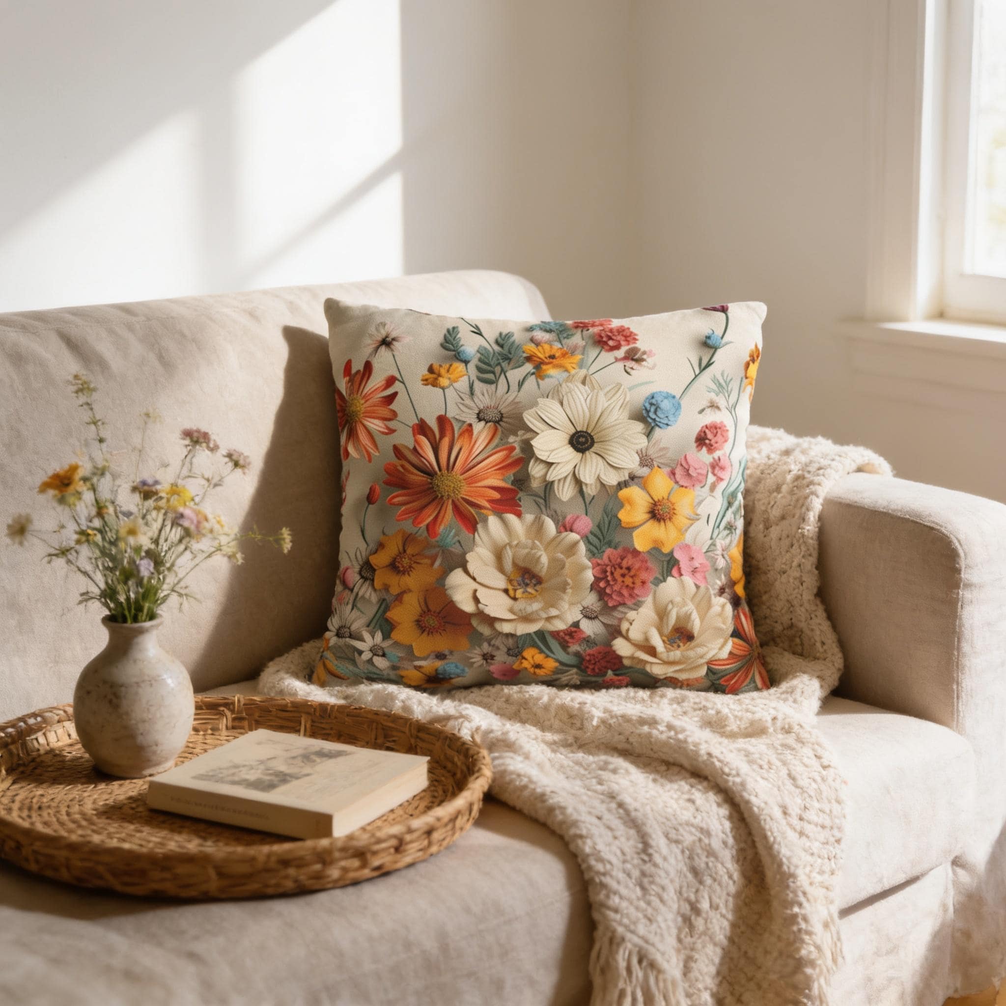 Vintage Style Brightly Colored Throw Pillow Cover: Boho Wildflowers on a Light Cream Background