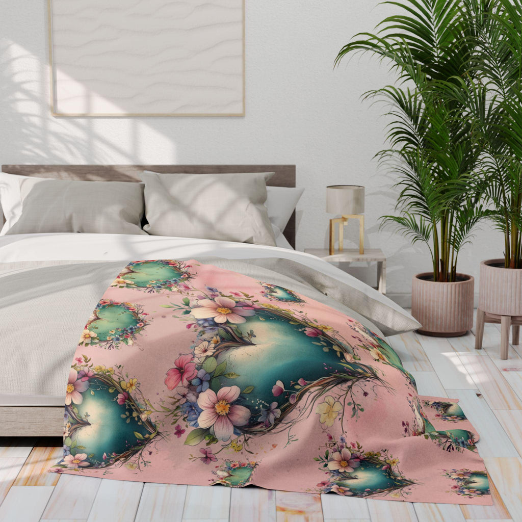 Romantic Floral Heart Wreath Fleece Blanket: Teal & Blush Pink Throw for Cozy Home Decor