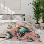 Romantic Floral Heart Wreath Fleece Blanket: Teal & Blush Pink Throw for Cozy Home Decor