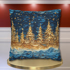 A Stary Night Christmas Pillow Cover, Paper Quilling-Inspired Design, Golden Trees Under a Winters night sky