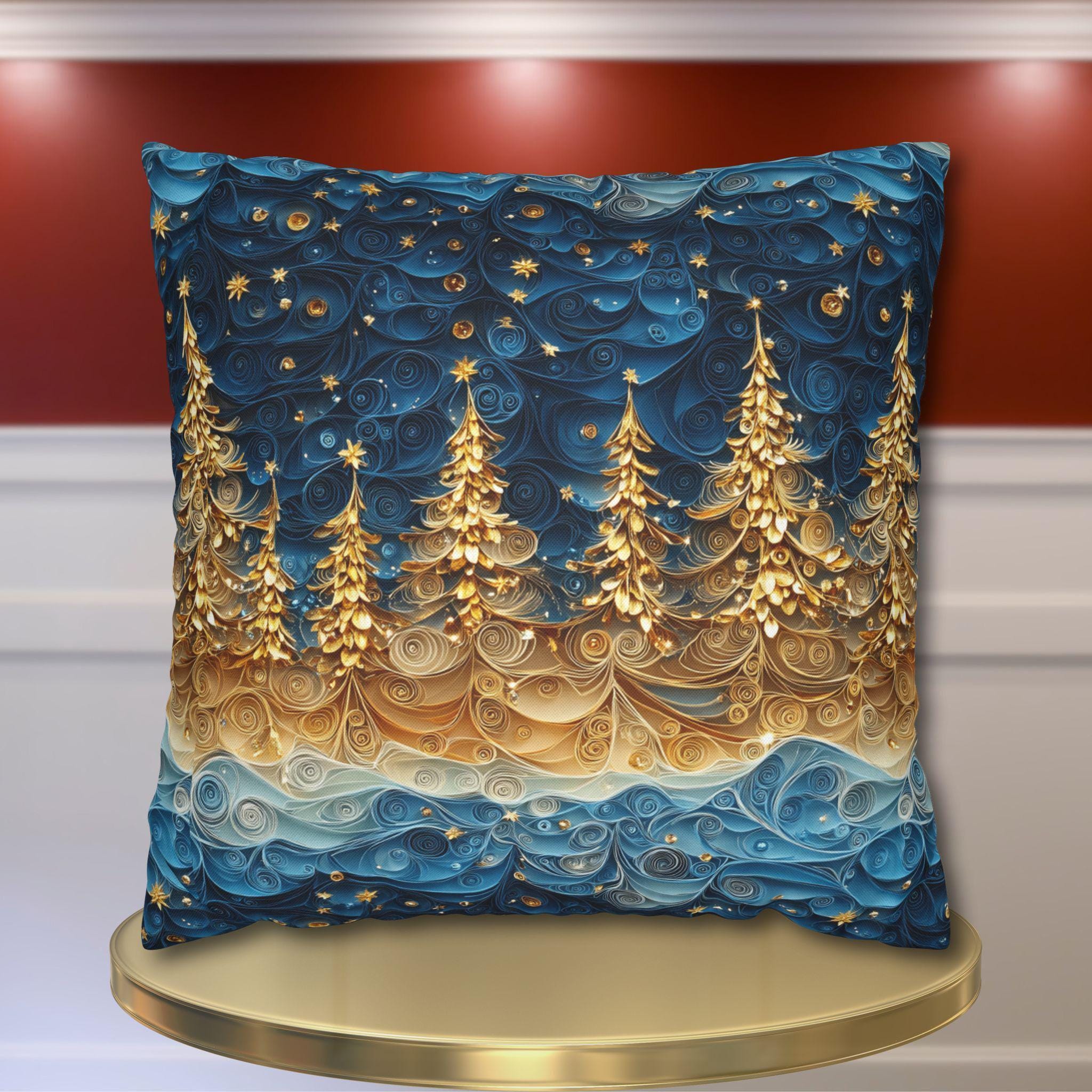 A Stary Night Christmas Pillow Cover, Paper Quilling-Inspired Design, Golden Trees Under a Winters night sky
