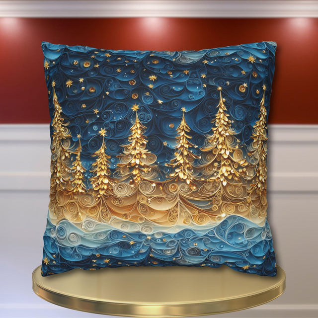 A Stary Night Christmas Pillow Cover, Paper Quilling-Inspired Design, Golden Trees Under a Winters night sky