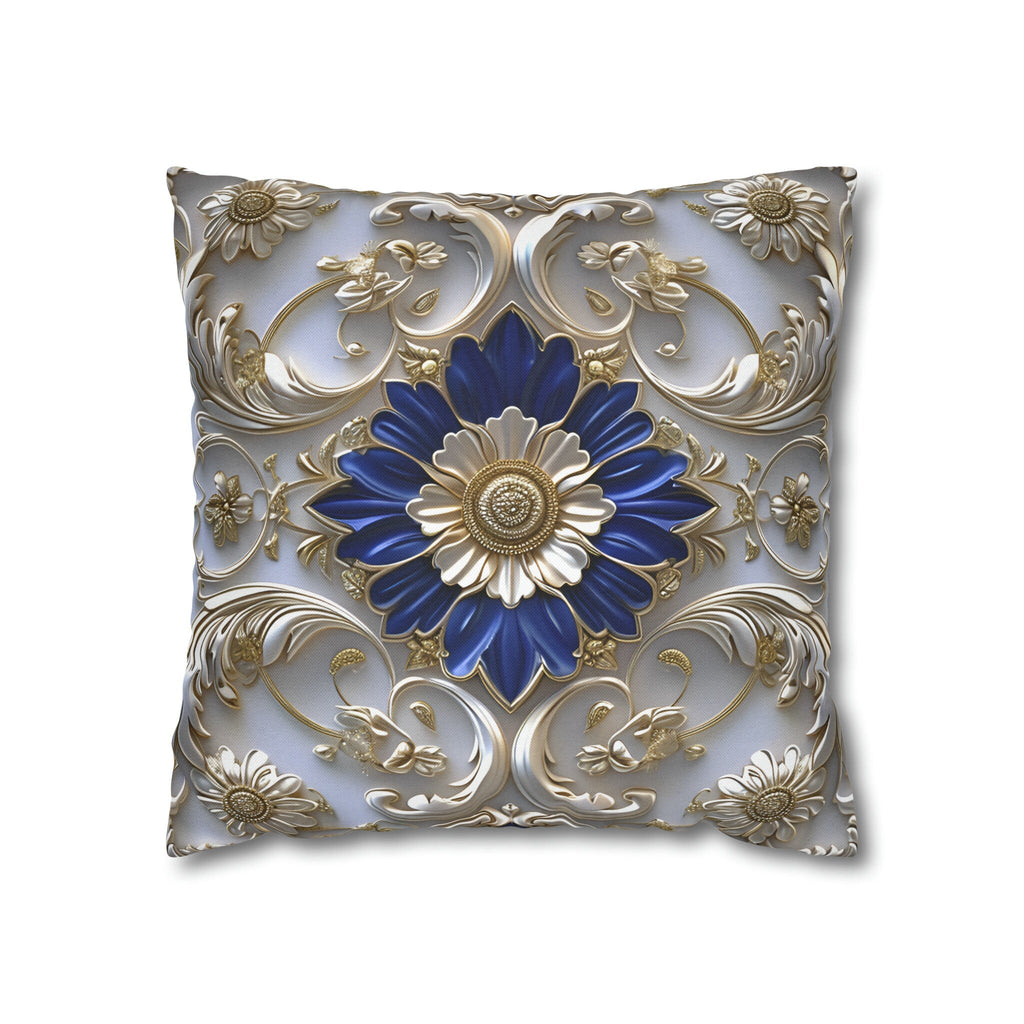 Baroque Floral Throw Pillow Cover: Cobalt Blue, Silver-Gray & Gold Accents, Elegant Cushion Case