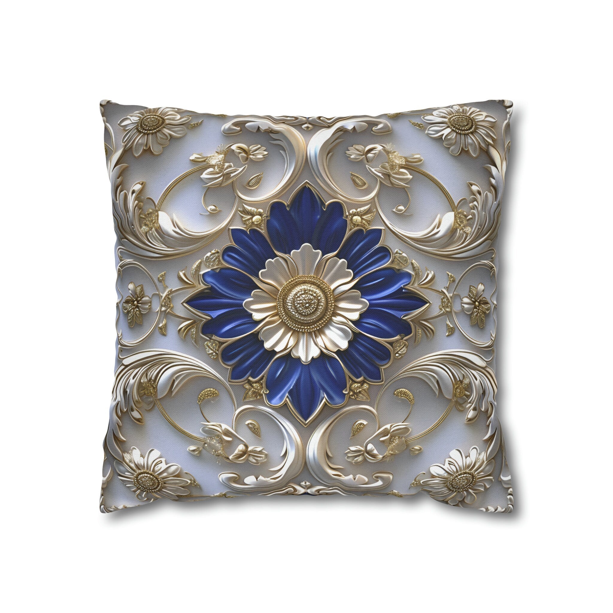 Baroque Floral Throw Pillow Cover: Cobalt Blue, Silver-Gray & Gold Accents, Elegant Cushion Case