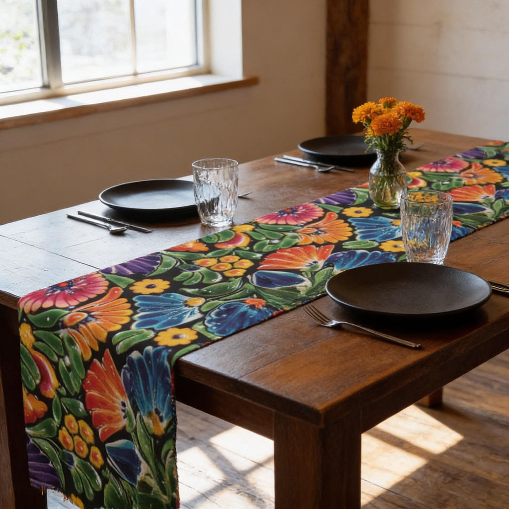 Mexican Table Runner: Bright Floral Folk Art on Black Background