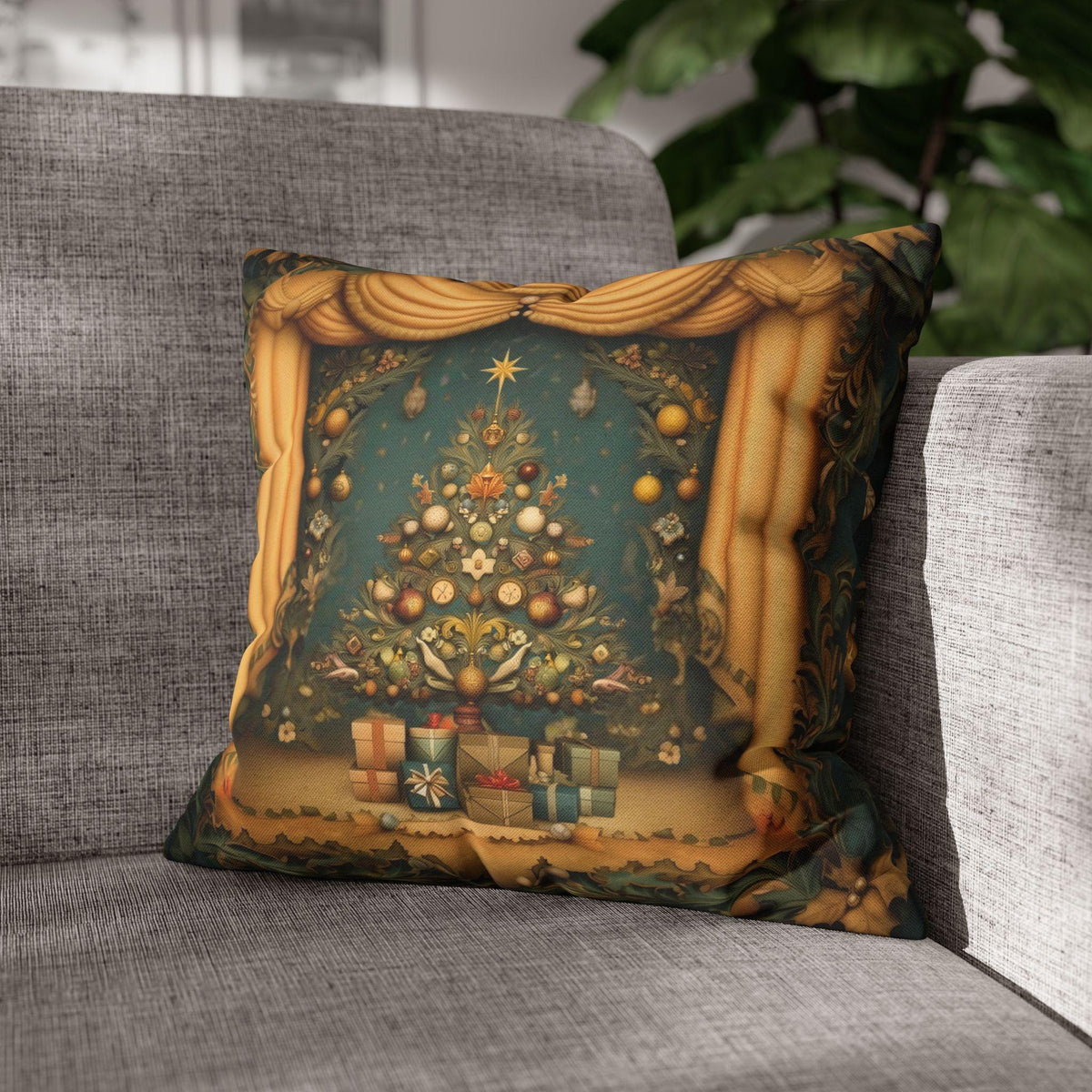 Vintage Art Nouveau Christmas Pillow Cover: Theatrical Tree, Golden Curtains, and Wrapped Gifts