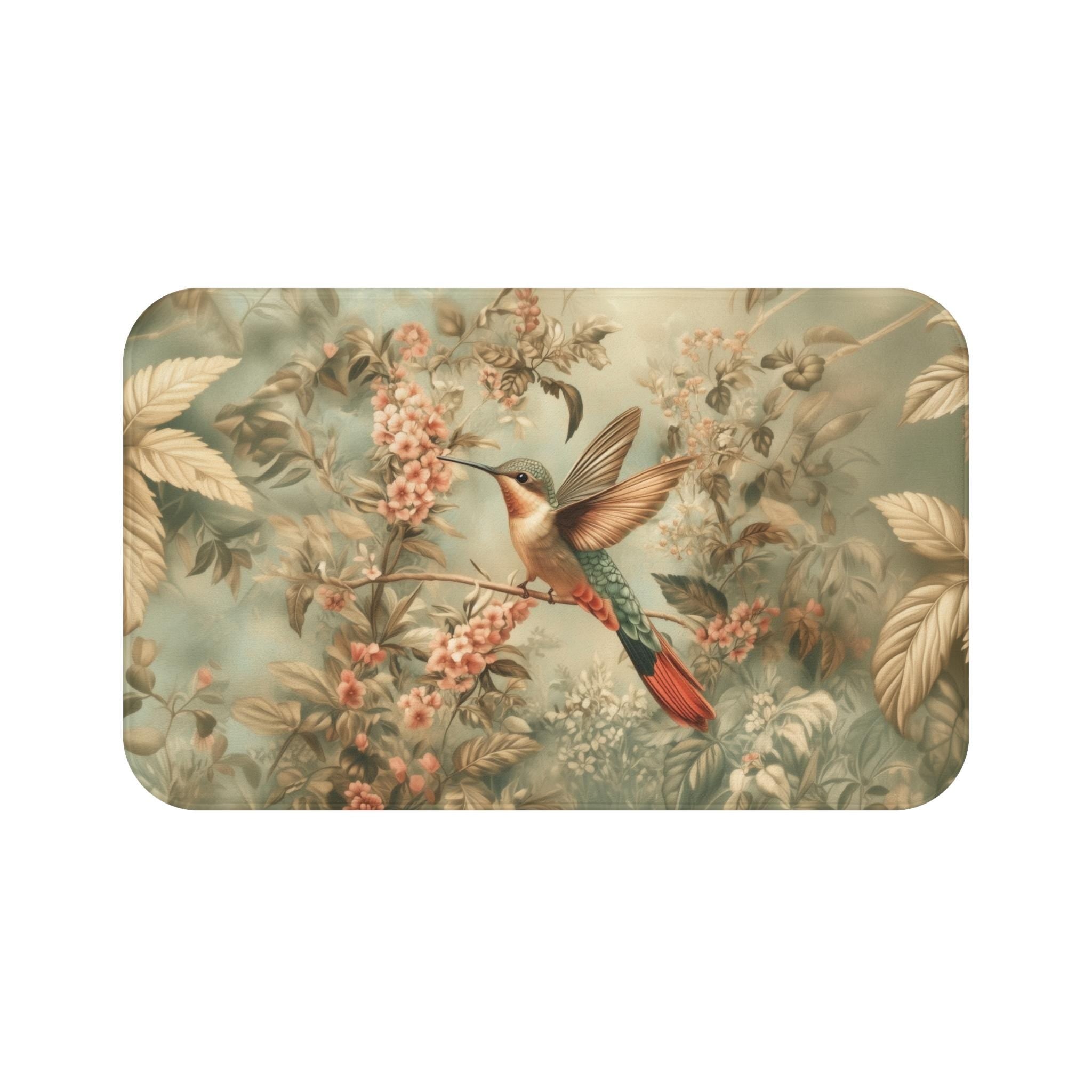 William Morris Botanical Bathmat: Sage Blush Teal Hummingbird Arts & Crafts Design