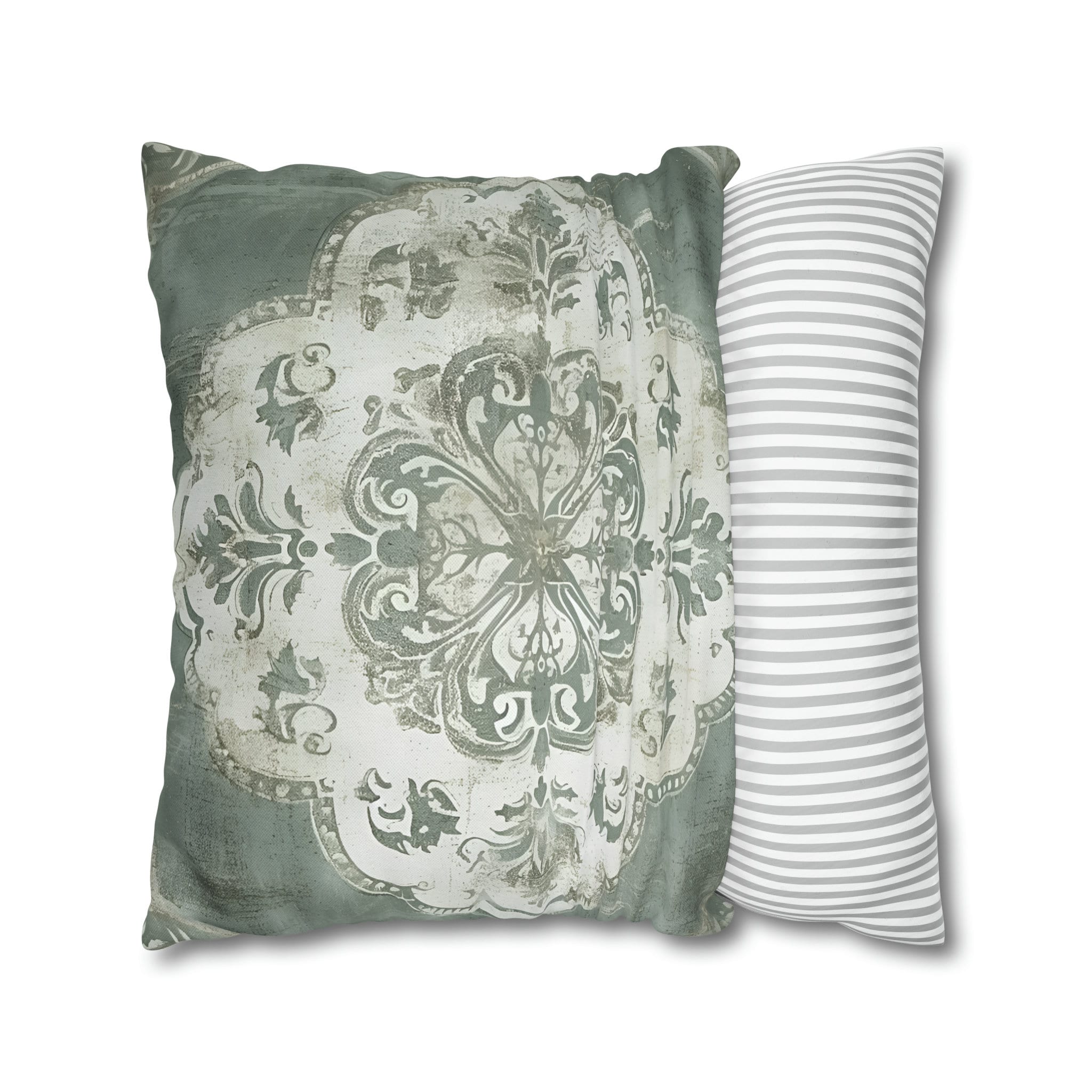Vintage-Inspired French Farmhouse Pillow Cover: Faded White Medallion on Sage Green, Rustic Elegance