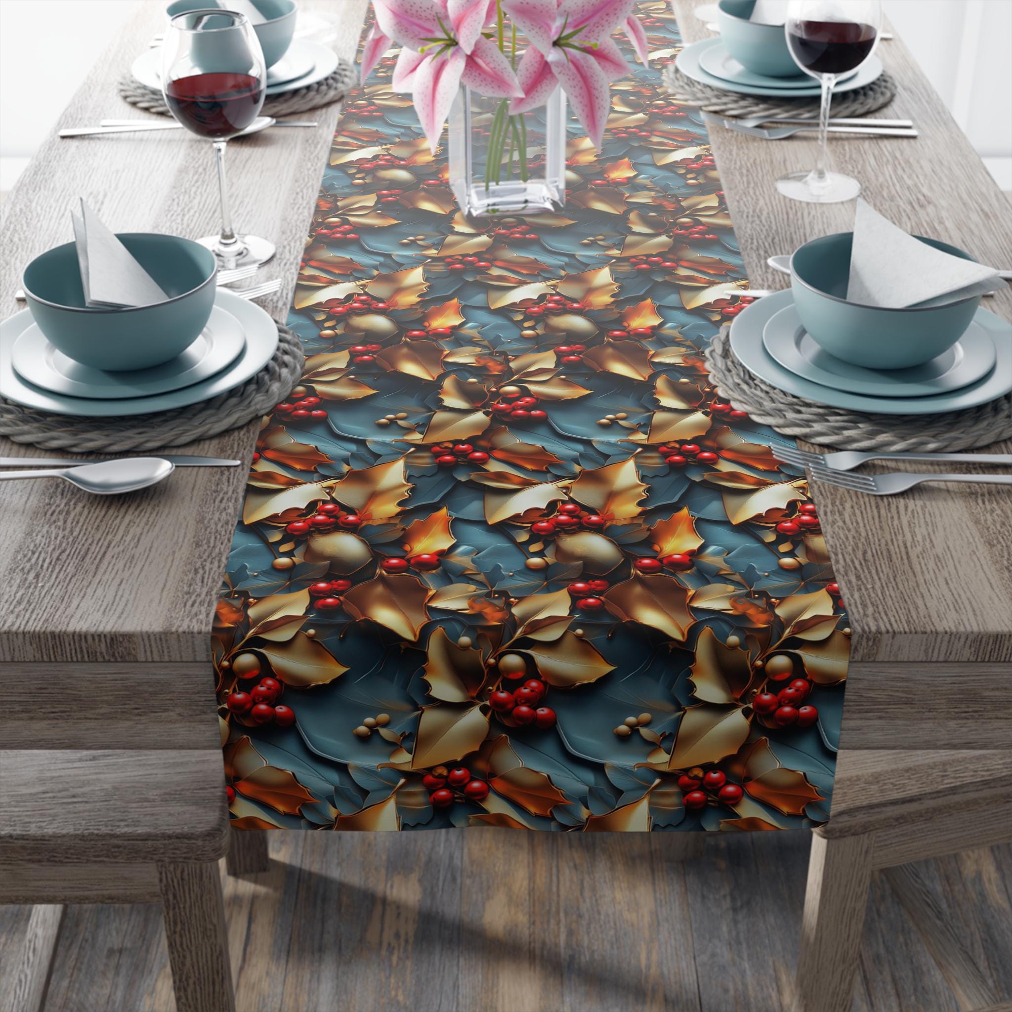 Christmas Holly Table Runner, Teal Red Berry Gold Leaf Design