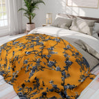 Elegant Chinoiserie Throw Blanket: Golden Yellow with Blue Blossom Branches, Asian-Inspired Home Accent