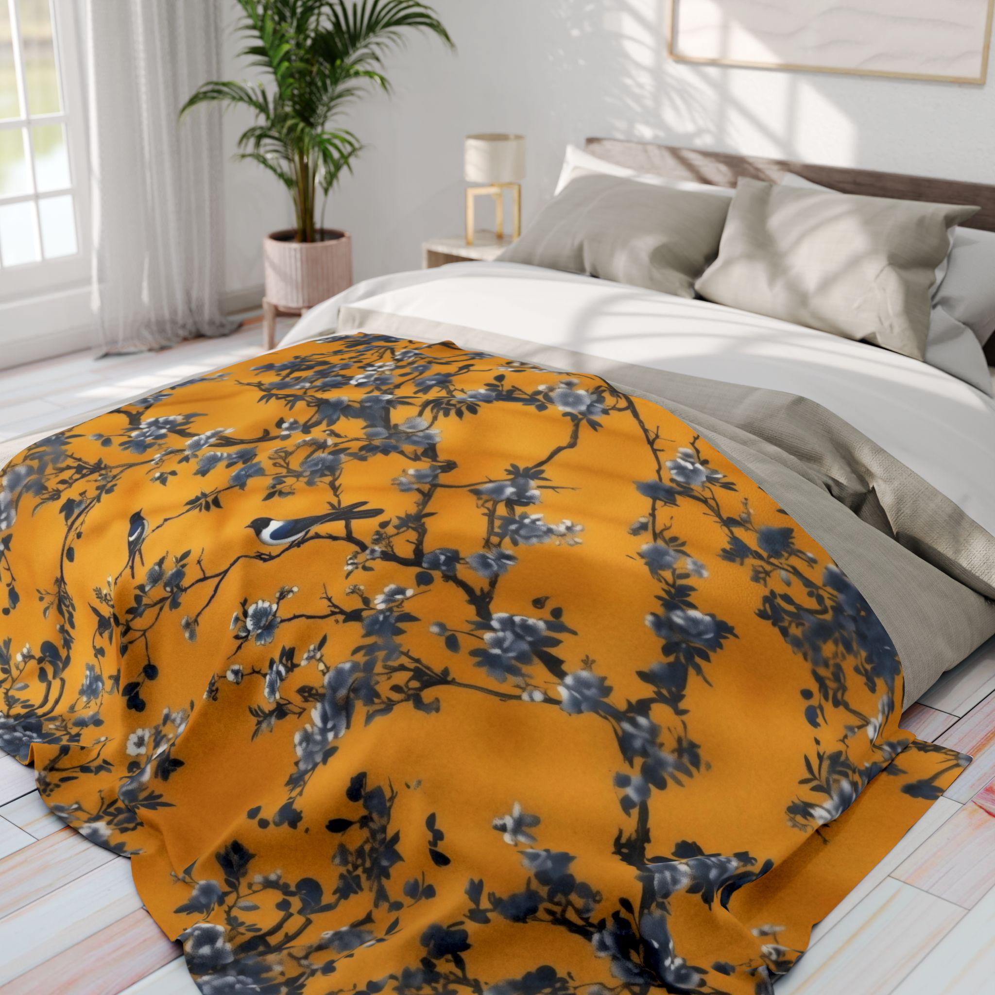 Elegant Chinoiserie Throw Blanket: Golden Yellow with Blue Blossom Branches, Asian-Inspired Home Accent