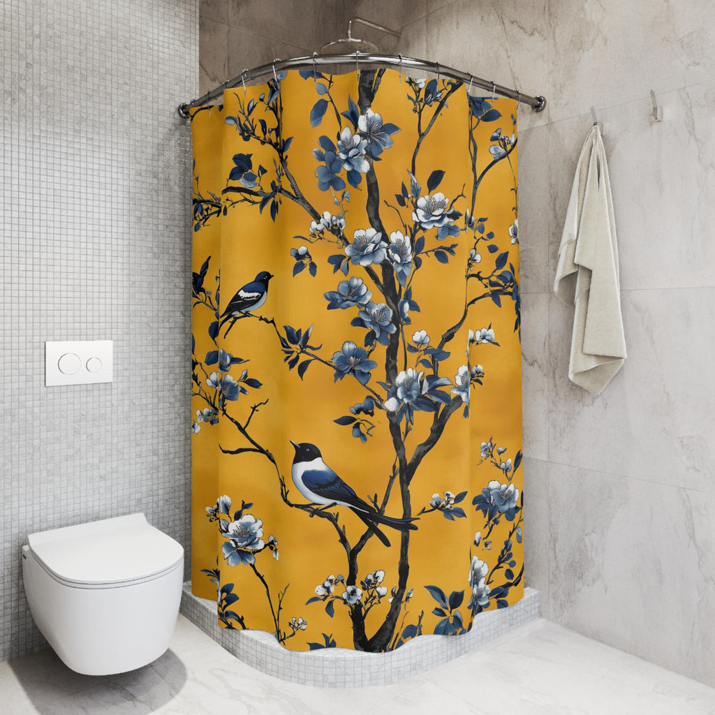 Elegant Chinoiserie Shower Curtain: Blue Birds on Golden Floral Branches, Nature-Inspired Bathroom Decor
