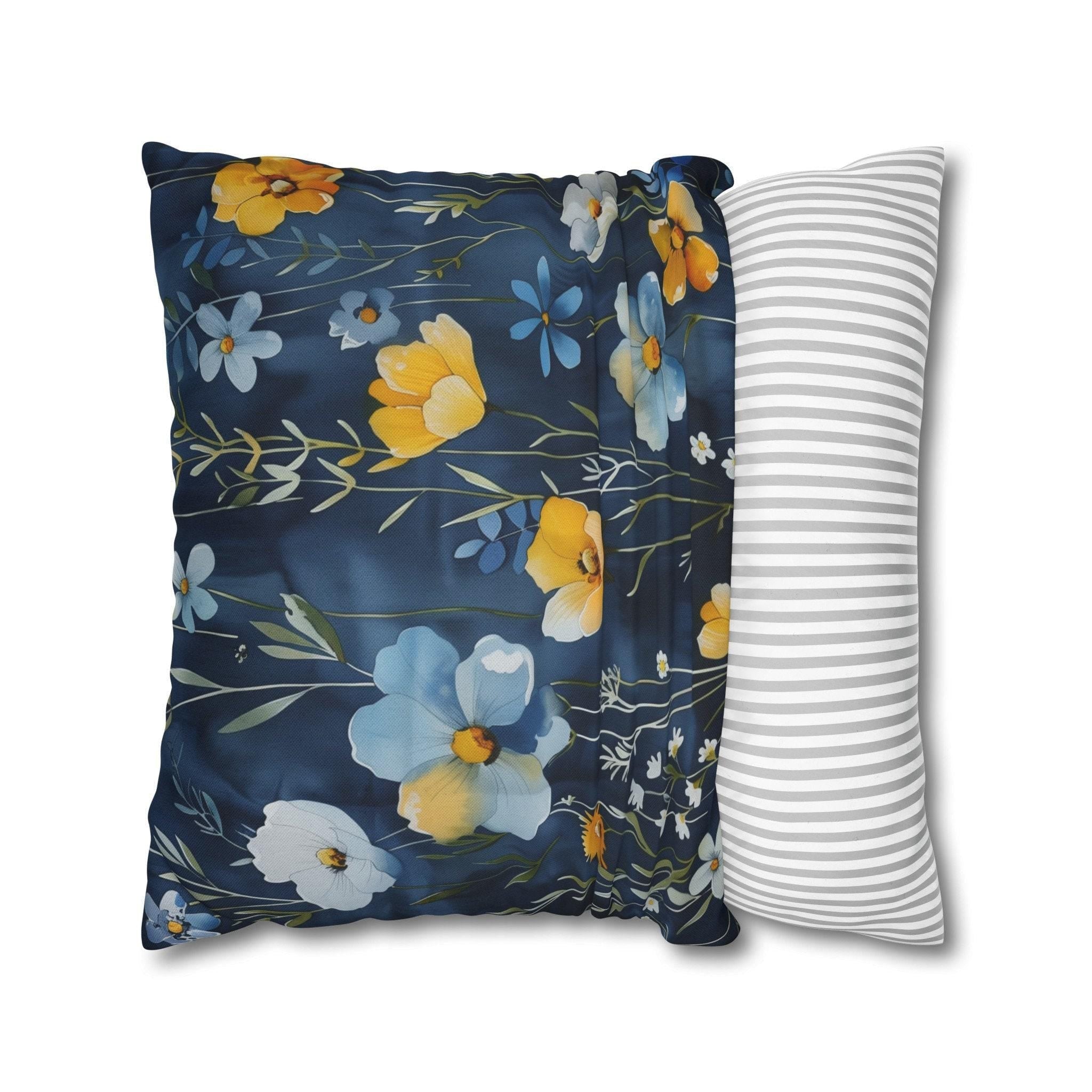 Floral Pillow Cover, Watercolor Style, Elegant Dark Blue, Accent Pillowcase