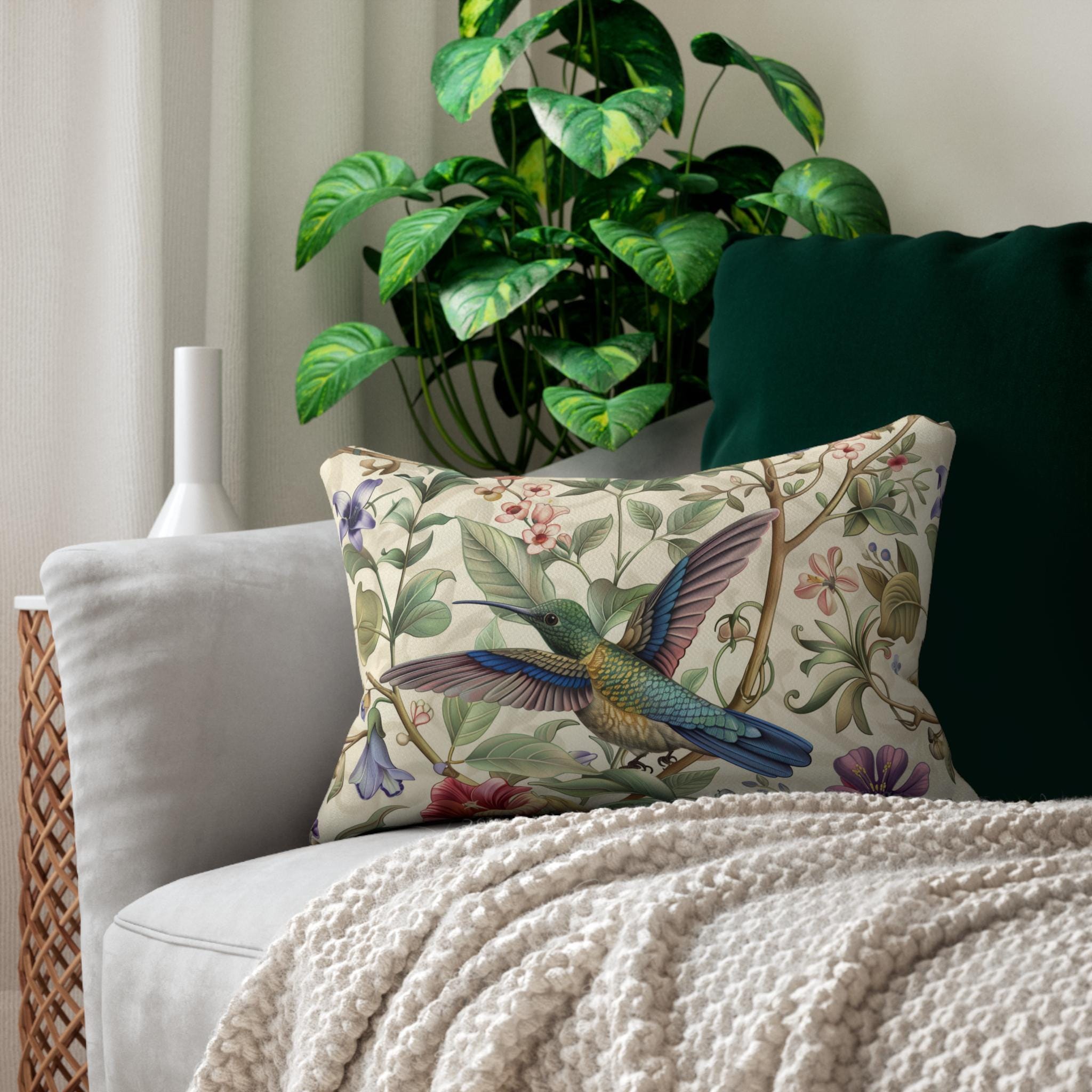 William Morris Hummingbird Lumbar Pillow: Elegant Floral Nature Design