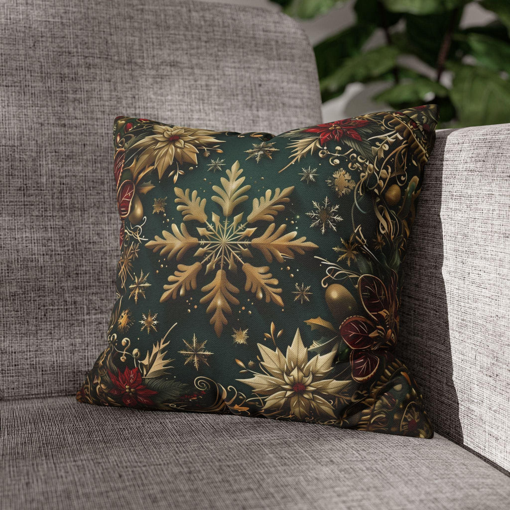 Victorian Snowflake Pillow Cover: Gold & Green with Red Poinsettias for Holiday Decor