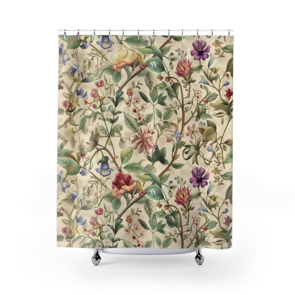William Morris Shower Curtain: Vintage Botanical Vine and Floral Design on Cream Background