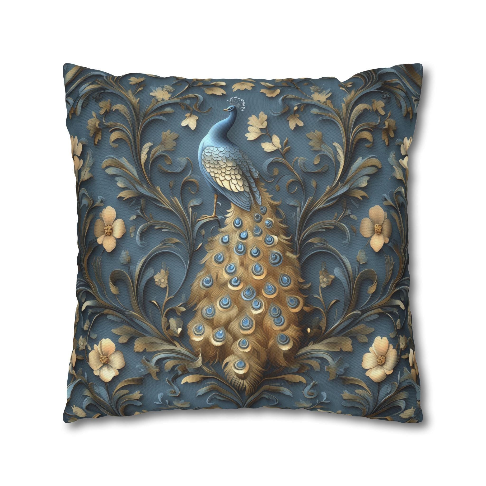Elegant William Morris Peacock Pillow Cover: Vintage Arts and Crafts Blue Gold Bird Cushion