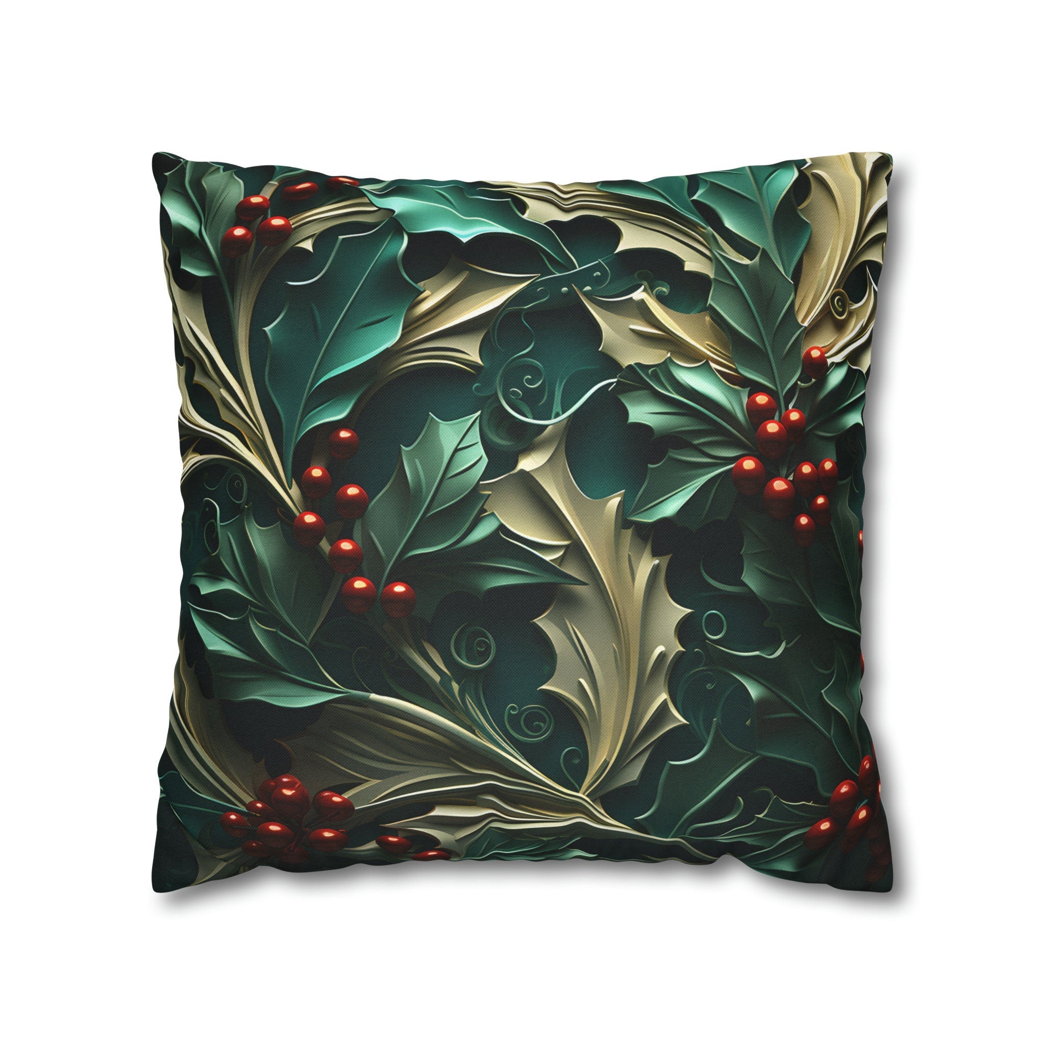 Holly Berry Christmas Pillow Cover: Deep Green & Red Holiday Decor