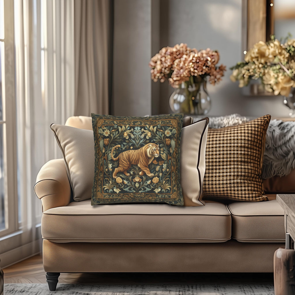 William Morris Inspired Tiger in the Garden Pillow Cover: Botanical Tapestry Accent