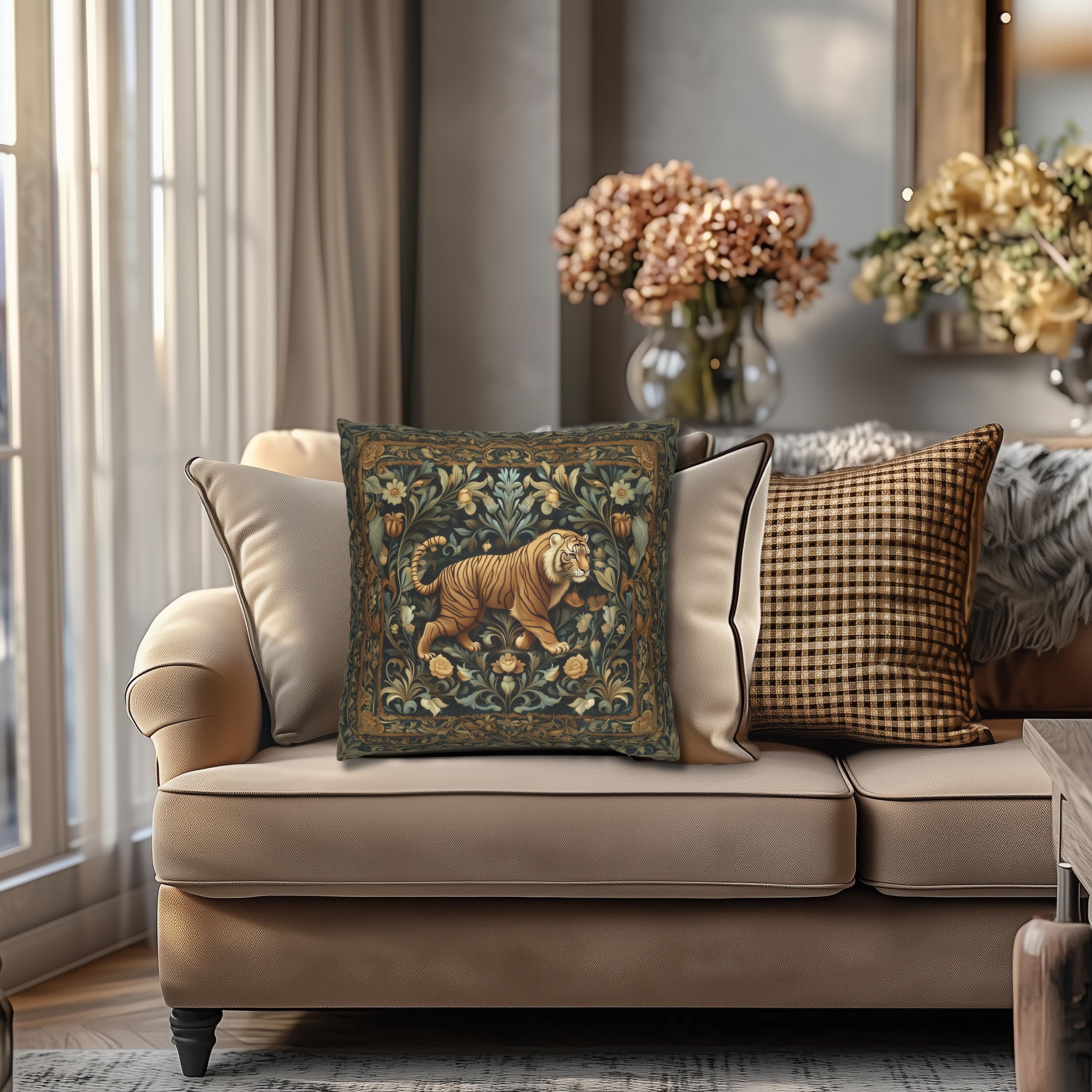William Morris Inspired Tiger in the Garden Pillow Cover: Botanical Tapestry Accent