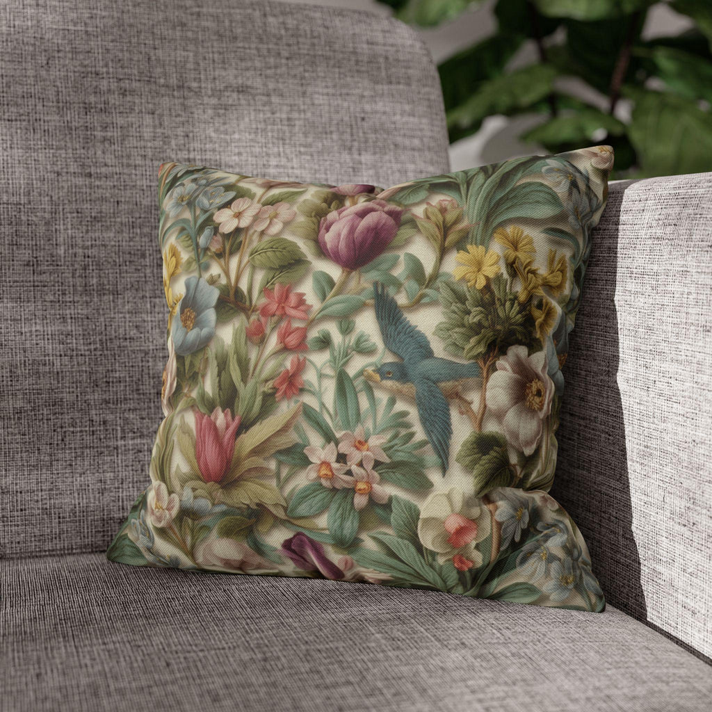Stylized Botanical Pillow Cover: Floral & Songbird Garden in Soft Pastels
