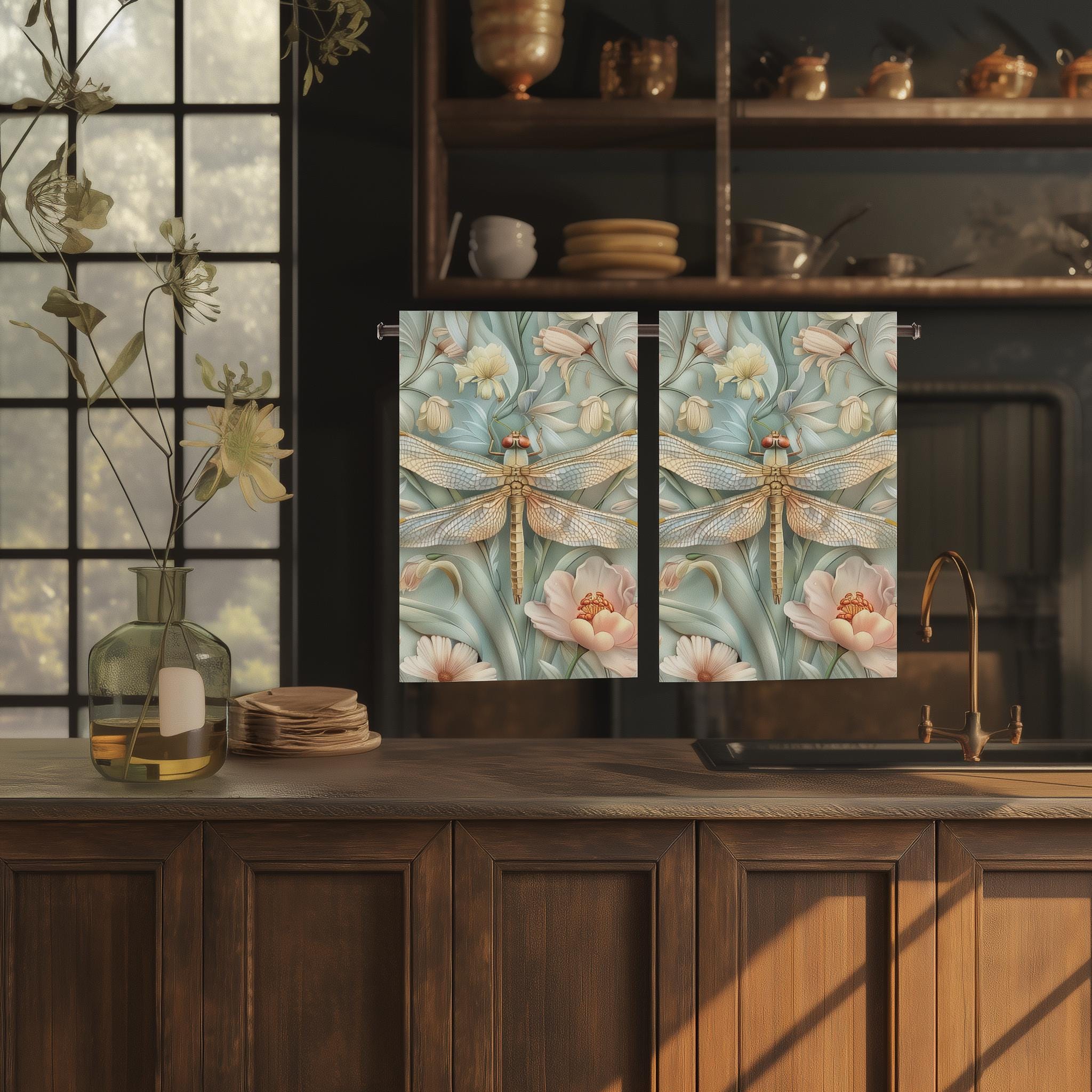 William Morris Dragonfly Hand Towel: Blue, Gold Wings Pink, Cream Flowers Elegant Nature Design