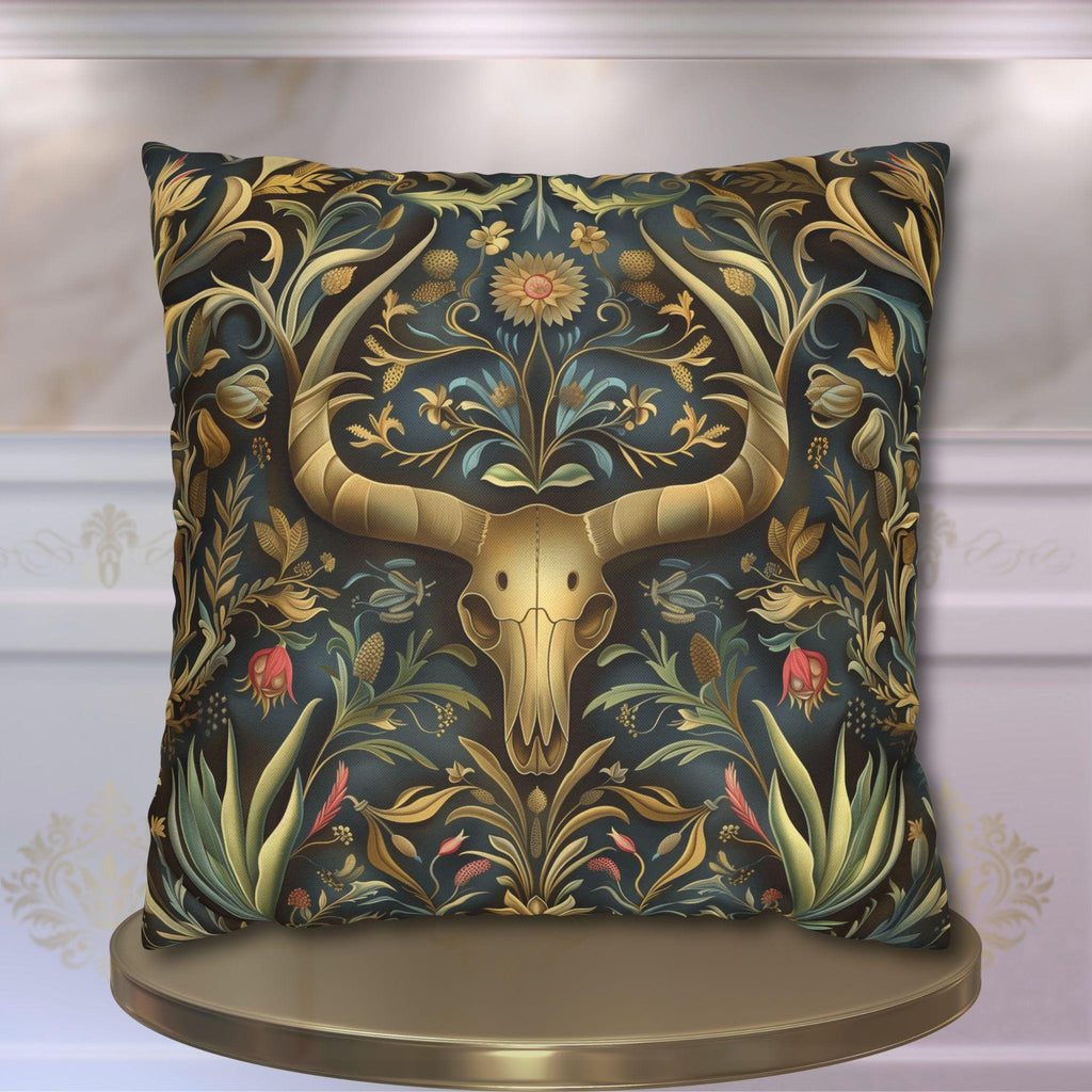 Southwest Floral Skull Pillow: William Morris Inspired Western Decor, Botanical Horned Cushion Cover