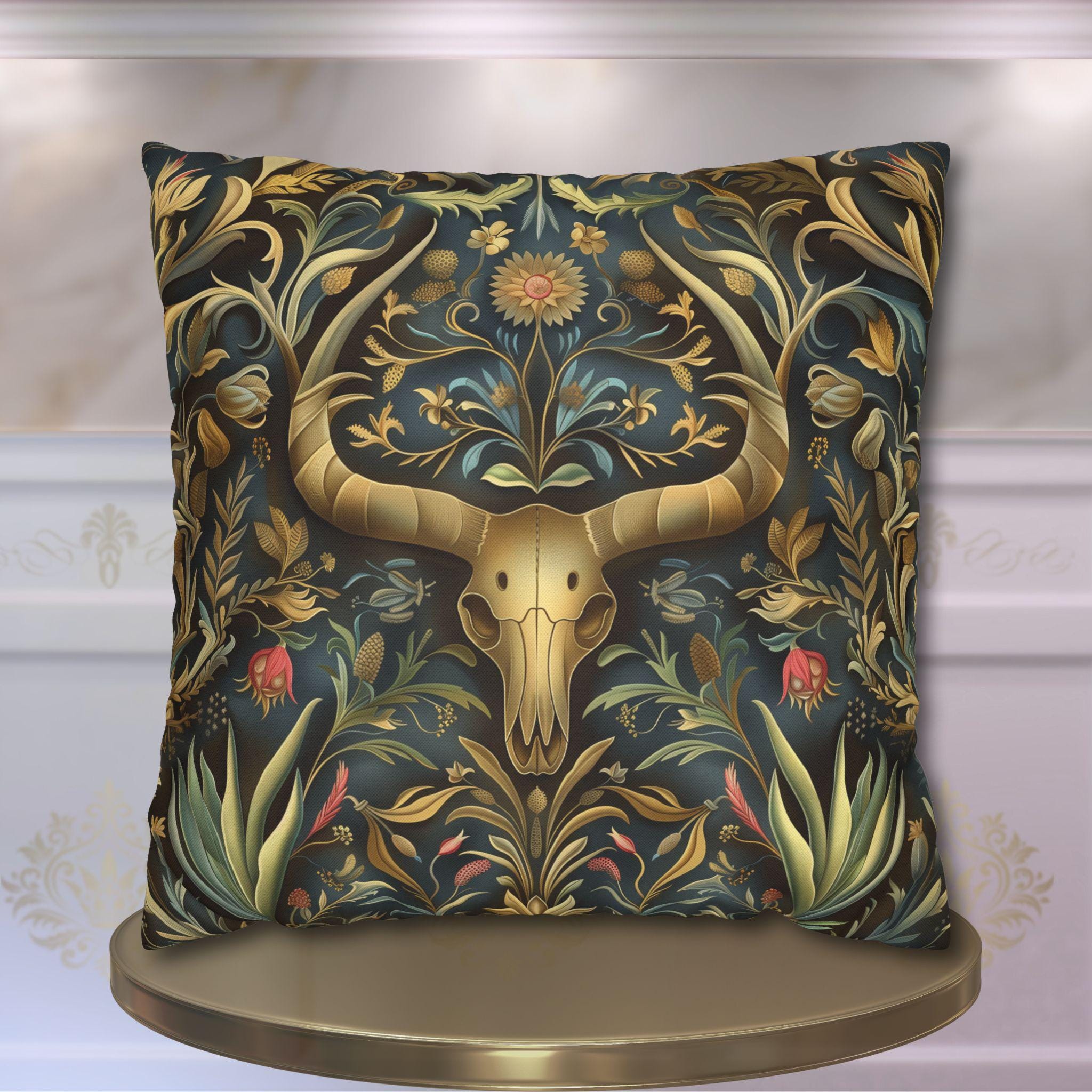 Southwest Floral Skull Pillow: William Morris Inspired Western Decor, Botanical Horned Cushion Cover