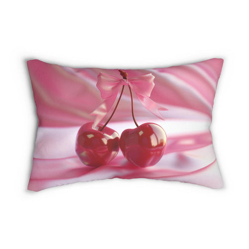 Coquette Lumbar Pillow: Pink Cherries and Bow Cushion