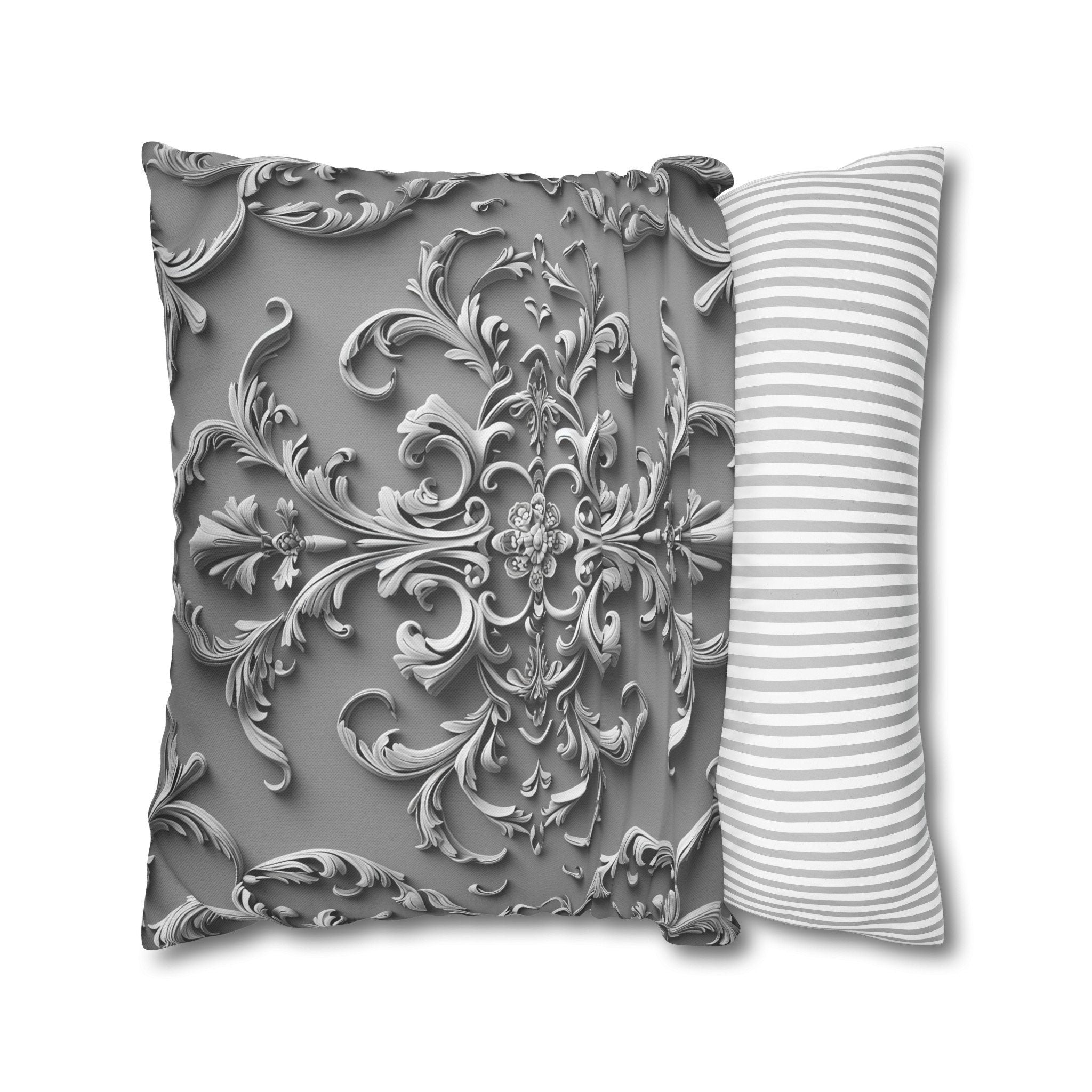 Elegant Silver Grey Baroque Floral Pillow Cover - Monochromatic Symmetrical Design for Classic Decor