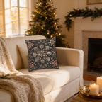 Christmas Woven Throw Pillow, Ivory Gold Snowflakes and Red Poinsettias on Deep Charcoal