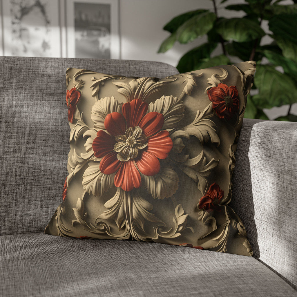Baroque Style Pillow Cover: Red Flower, Acanthus Leaves, Embossed 3D Effect