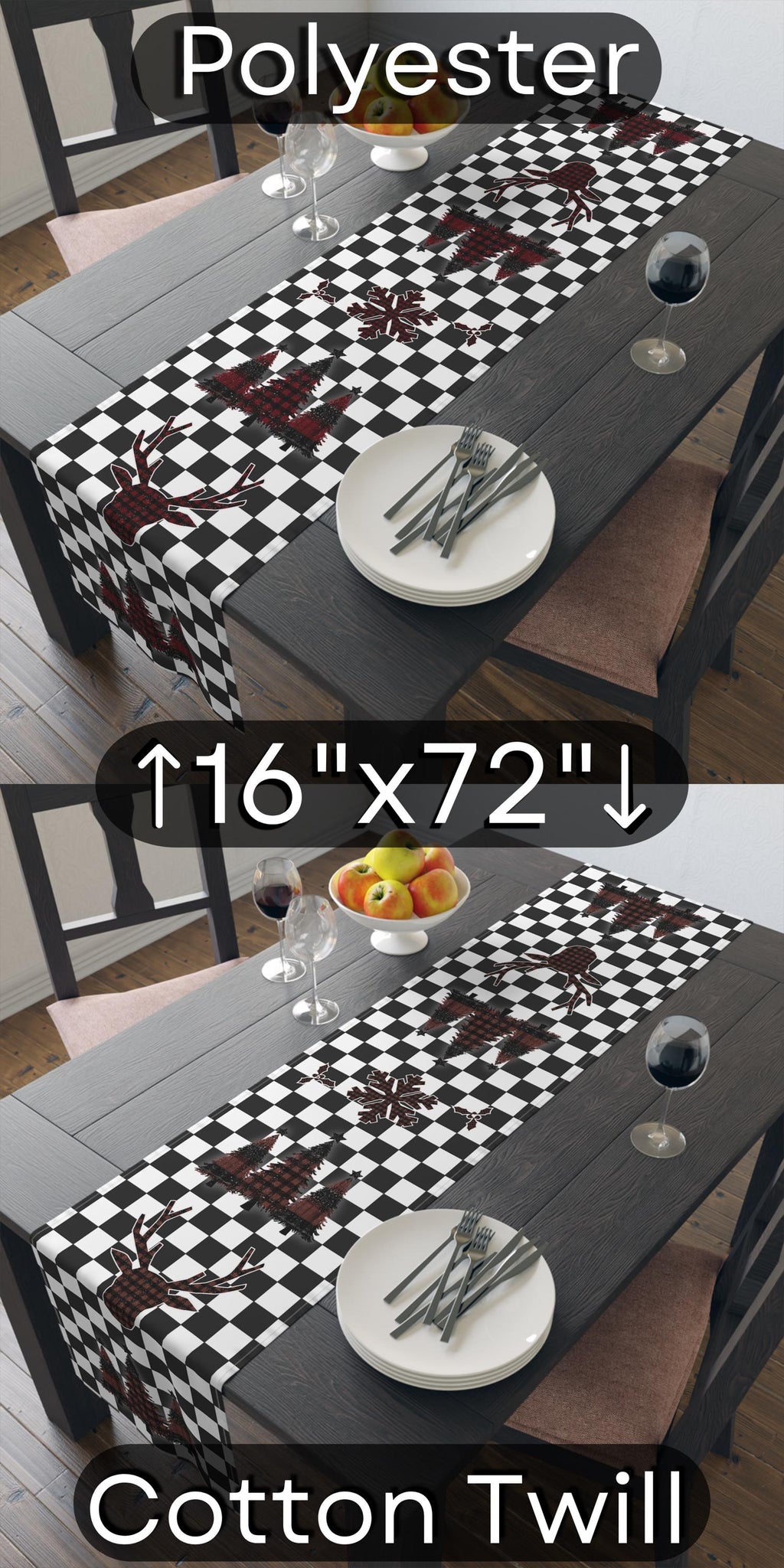 Plaid Christmas Icon Checkered Table Runner:  Modern Twist on Classic Holiday Decor