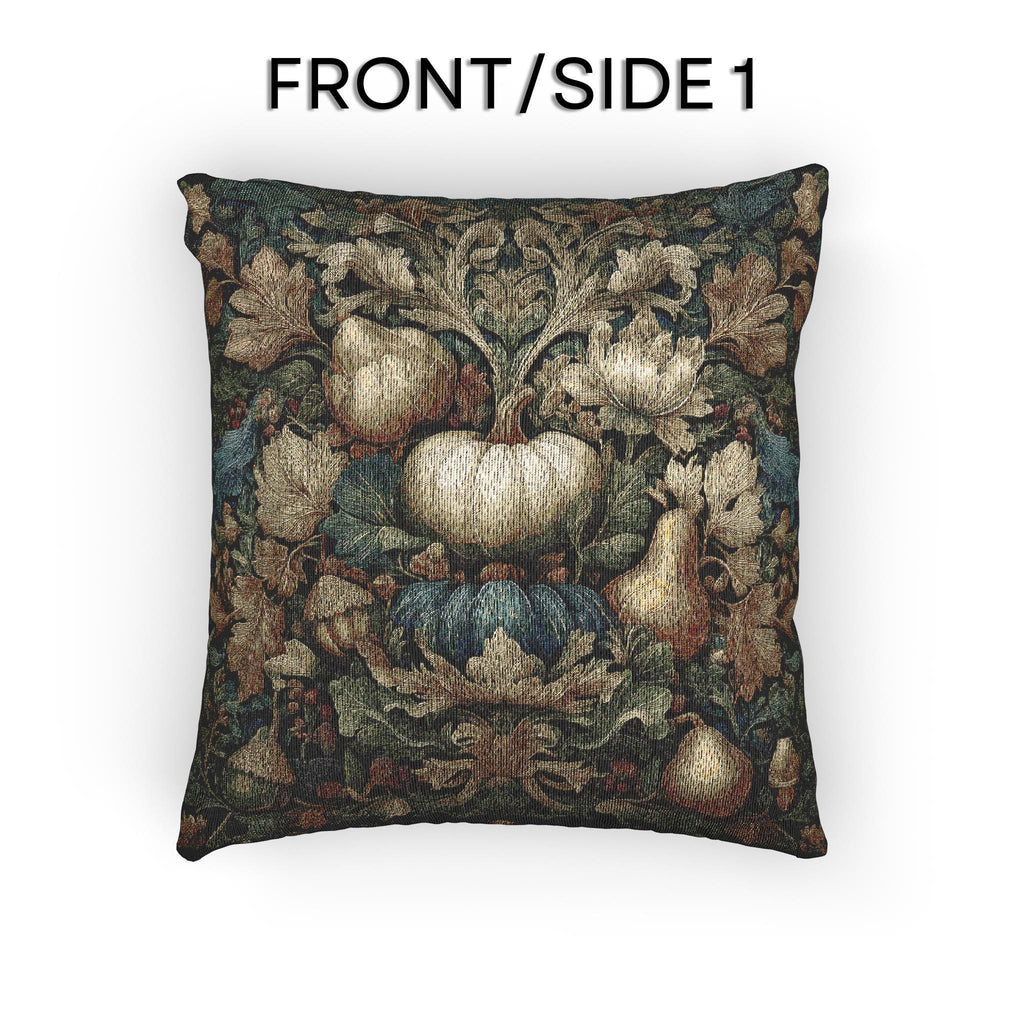 a square pillow with a detailed tapestry-like design of various fruits and vegetables, including pears, pumpkins, and leaves, all rendered in a rich, earthy color palette.