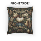 a square pillow with a detailed tapestry-like design of various fruits and vegetables, including pears, pumpkins, and leaves, all rendered in a rich, earthy color palette.