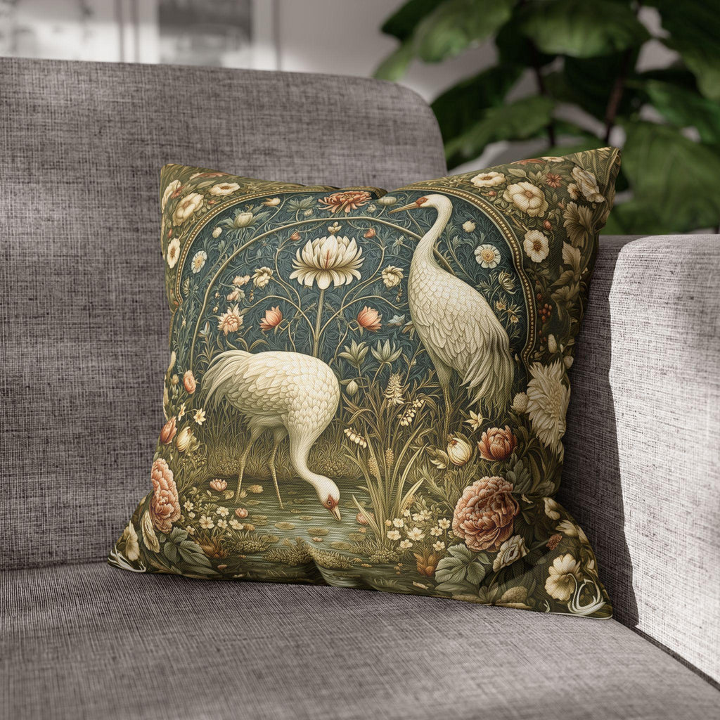 William Morris Style Throw Pillow Cover: Cranes and Marsh Botanicals