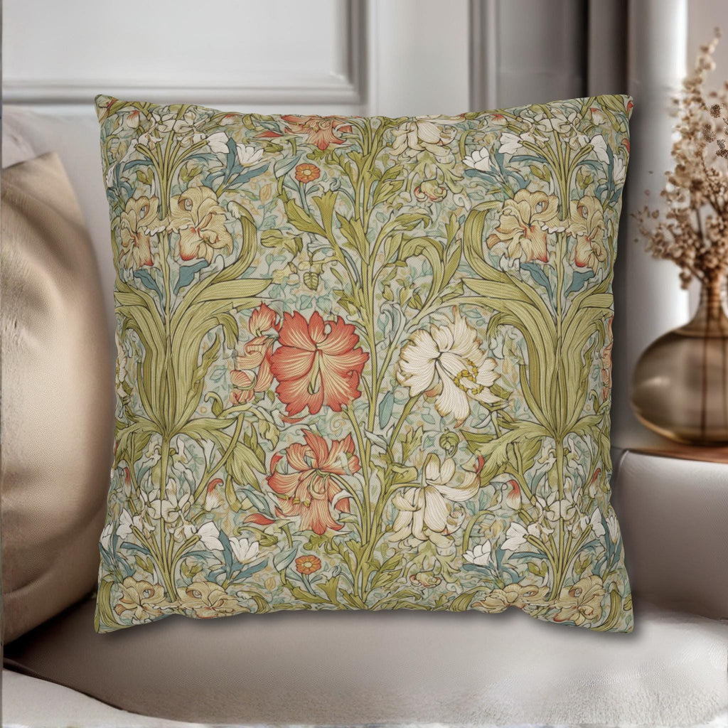 William Morris Style Pillow Cover: Soft Sage, Coral and Ivory Botanical Floral