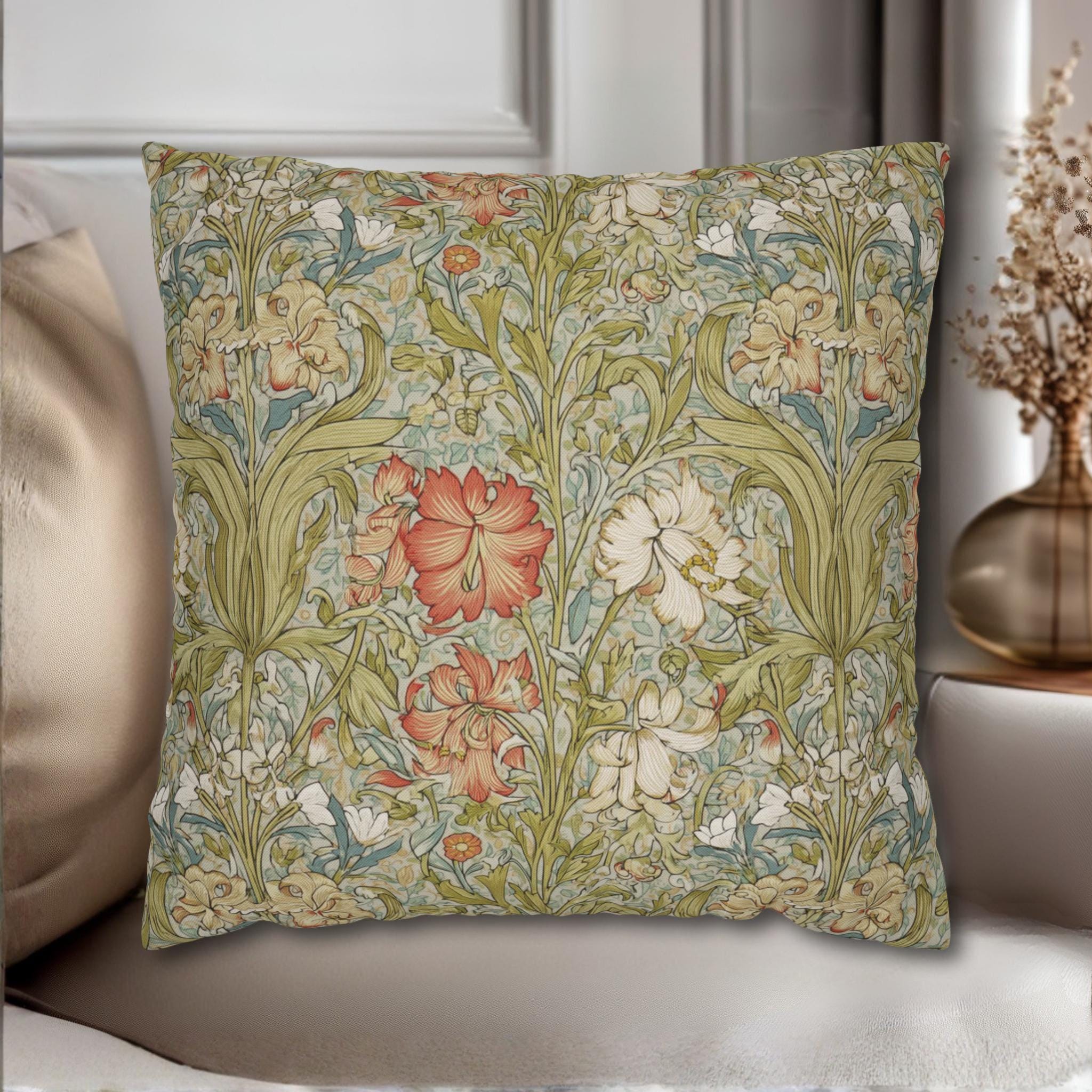 William Morris Style Pillow Cover: Soft Sage, Coral and Ivory Botanical Floral