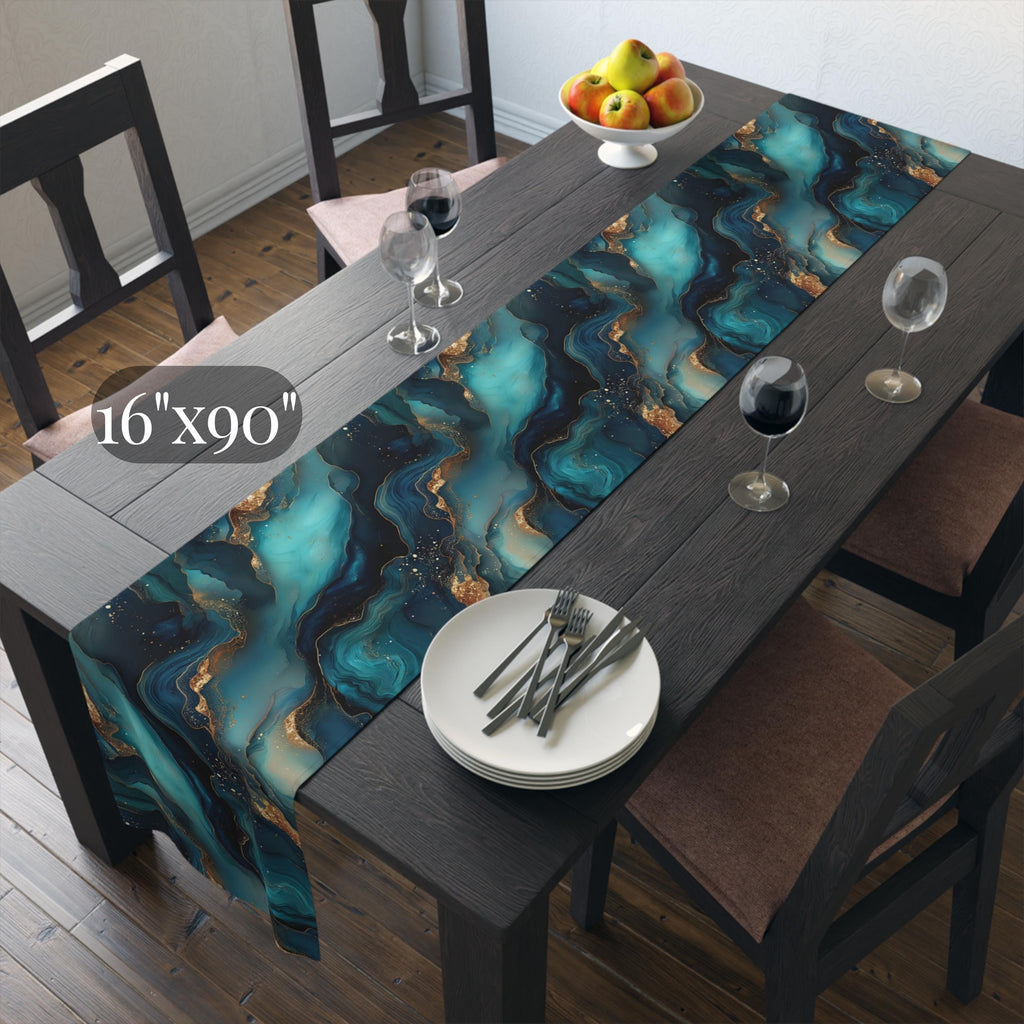 Modern Abstract Ocean Waves Table Runner: Teal, Navy and Gold Coastal Luxe Decor
